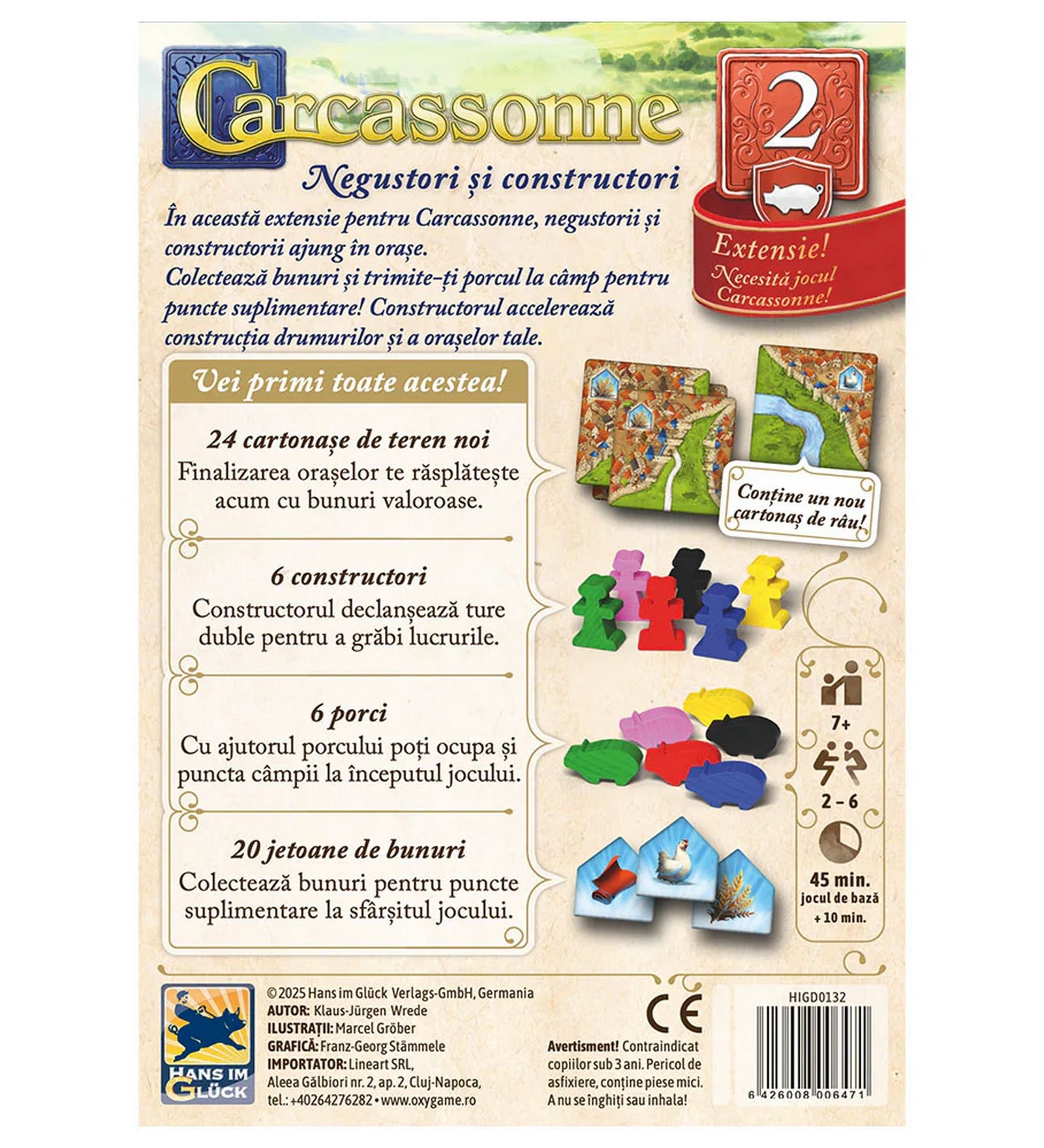 „Carcassonne – Negustori și constructori kiegészítő dobozhátlapja, új tereplapokkal, kereskedő- és építőfigurákkal, valamint árubónusz jelölőkkel.”