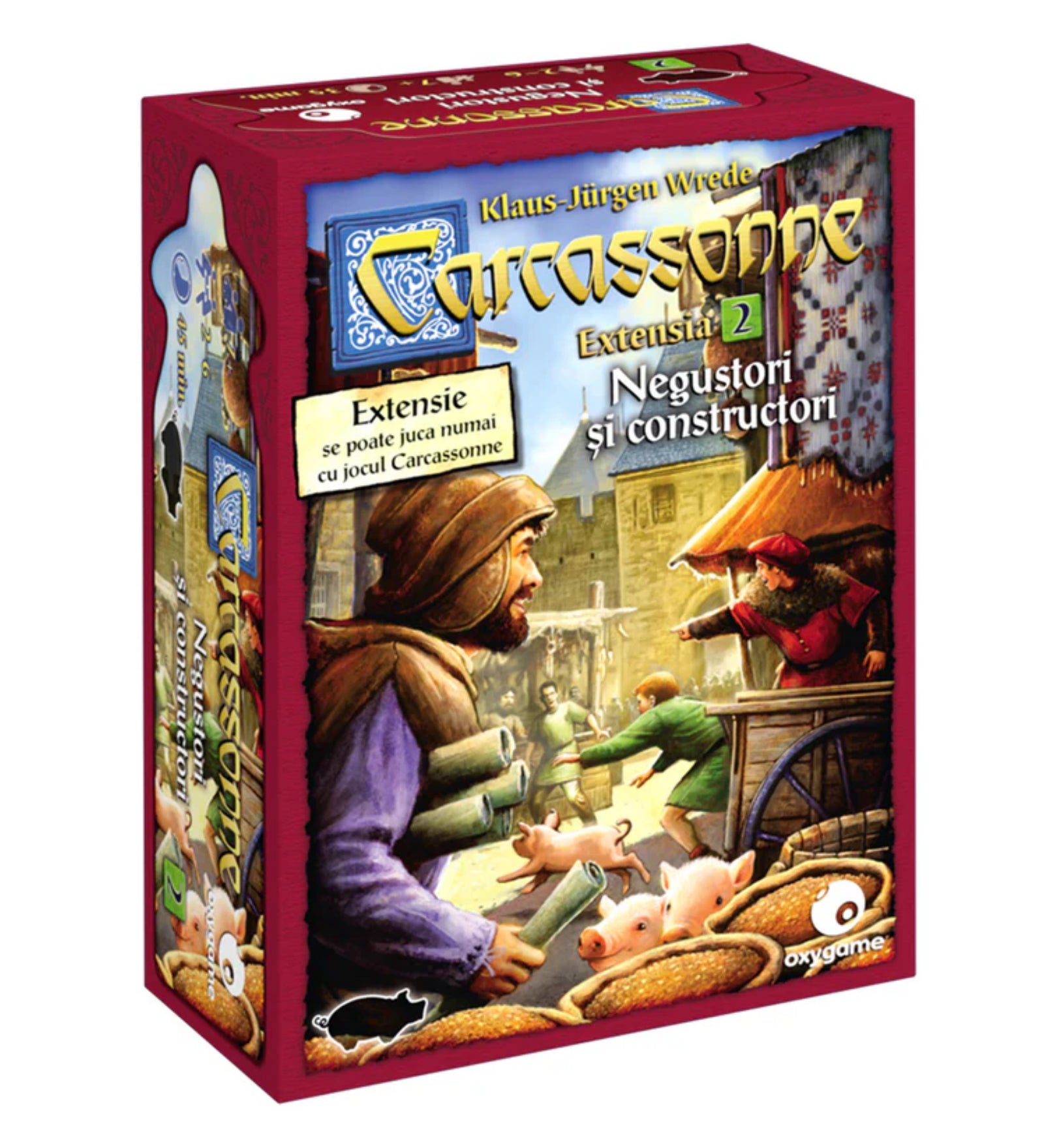 A Carcassonne Negustori și constructori kiegészítő dobozának hátoldala, ahol a játékelemek – új területlapkák, áruszimbólumok, építők, malac figurák és egy textil zsák – részletes bemutatása látható.