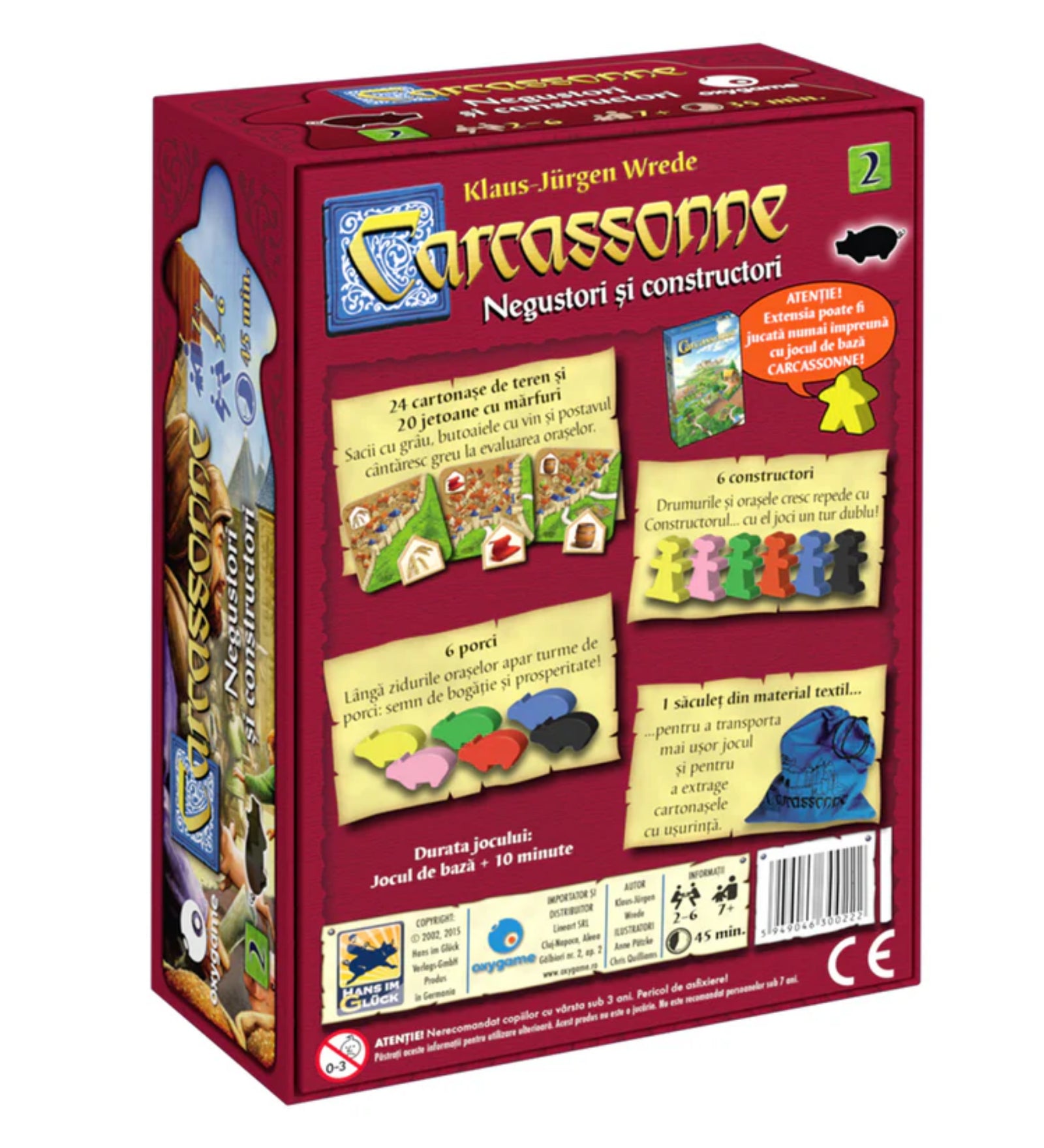 A Carcassonne Negustori și constructori kiegészítő dobozának eleje, amelyen egy középkori piac jelenete látható, kereskedőkkel, malacokkal és árusokkal. A doboz jelzi, hogy ez a Carcassonne társasjáték második kiegészítője.