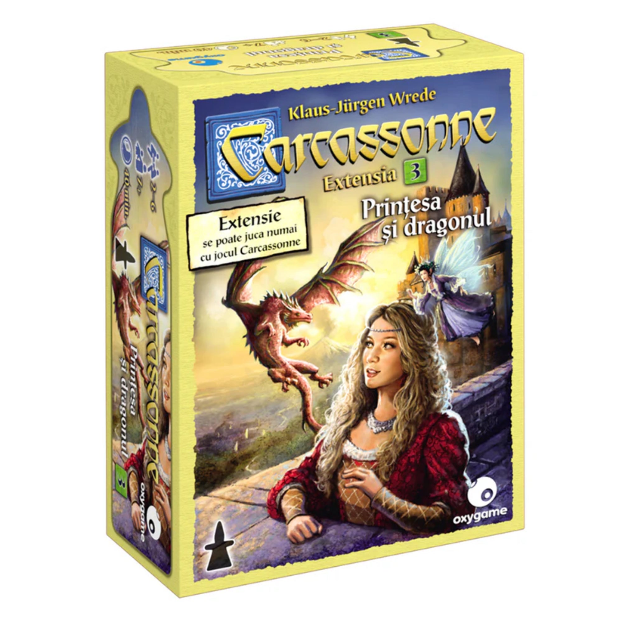 A Carcassonne Prințesa și dragonul kiegészítő dobozának eleje, amelyen egy vár erkélyén álló hercegnő látható, háttérben egy repülő sárkánnyal és egy tündérrel. A doboz a Carcassonne társasjáték harmadik kiegészítőjét jelöli.
