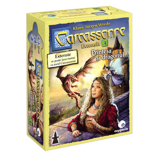 A Carcassonne Prințesa și dragonul kiegészítő dobozának eleje, amelyen egy vár erkélyén álló hercegnő látható, háttérben egy repülő sárkánnyal és egy tündérrel. A doboz a Carcassonne társasjáték harmadik kiegészítőjét jelöli.