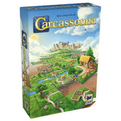 Carcassonne társasjáték doboza elölnézetből, klasszikus tájképes borítóval és középkori városábrázolással.