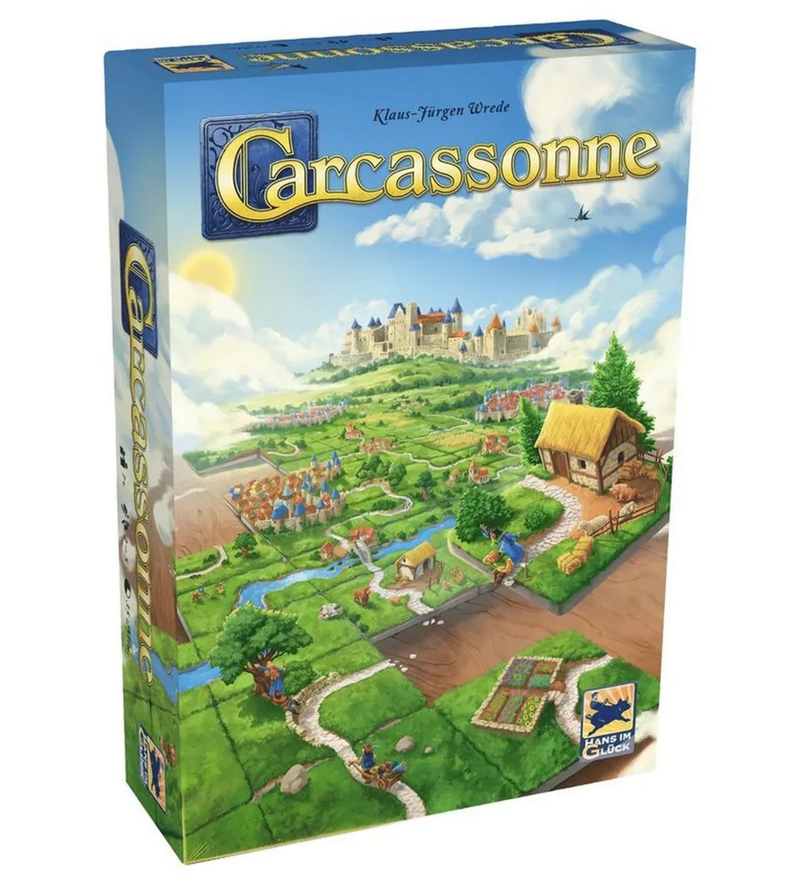 Carcassonne társasjáték doboza elölnézetből, klasszikus tájképes borítóval és középkori városábrázolással.