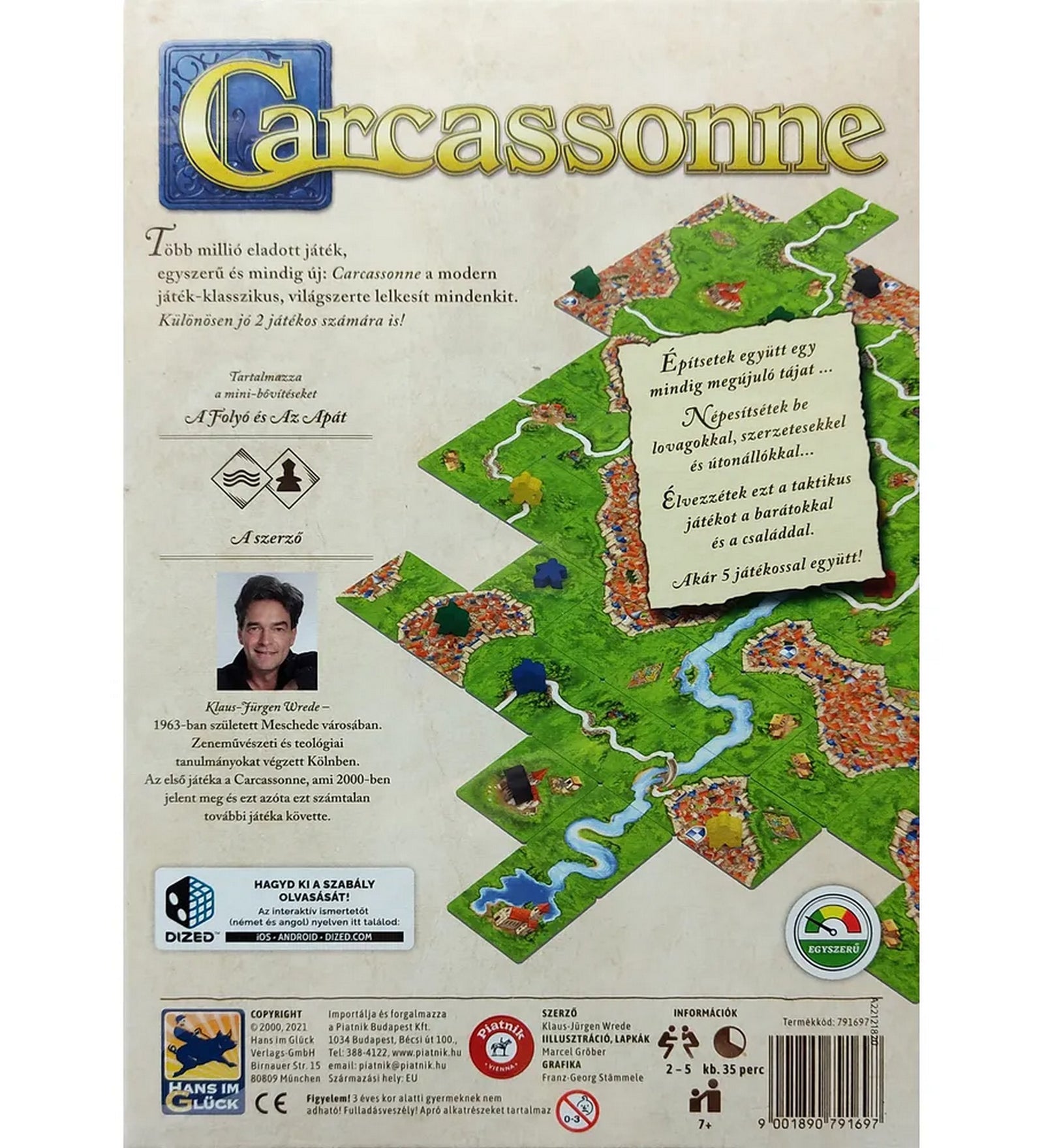 Carcassonne társasjáték doboz hátoldala, játéktáblarészletekkel, leírással és a játékmenetet bemutató grafikákkal.