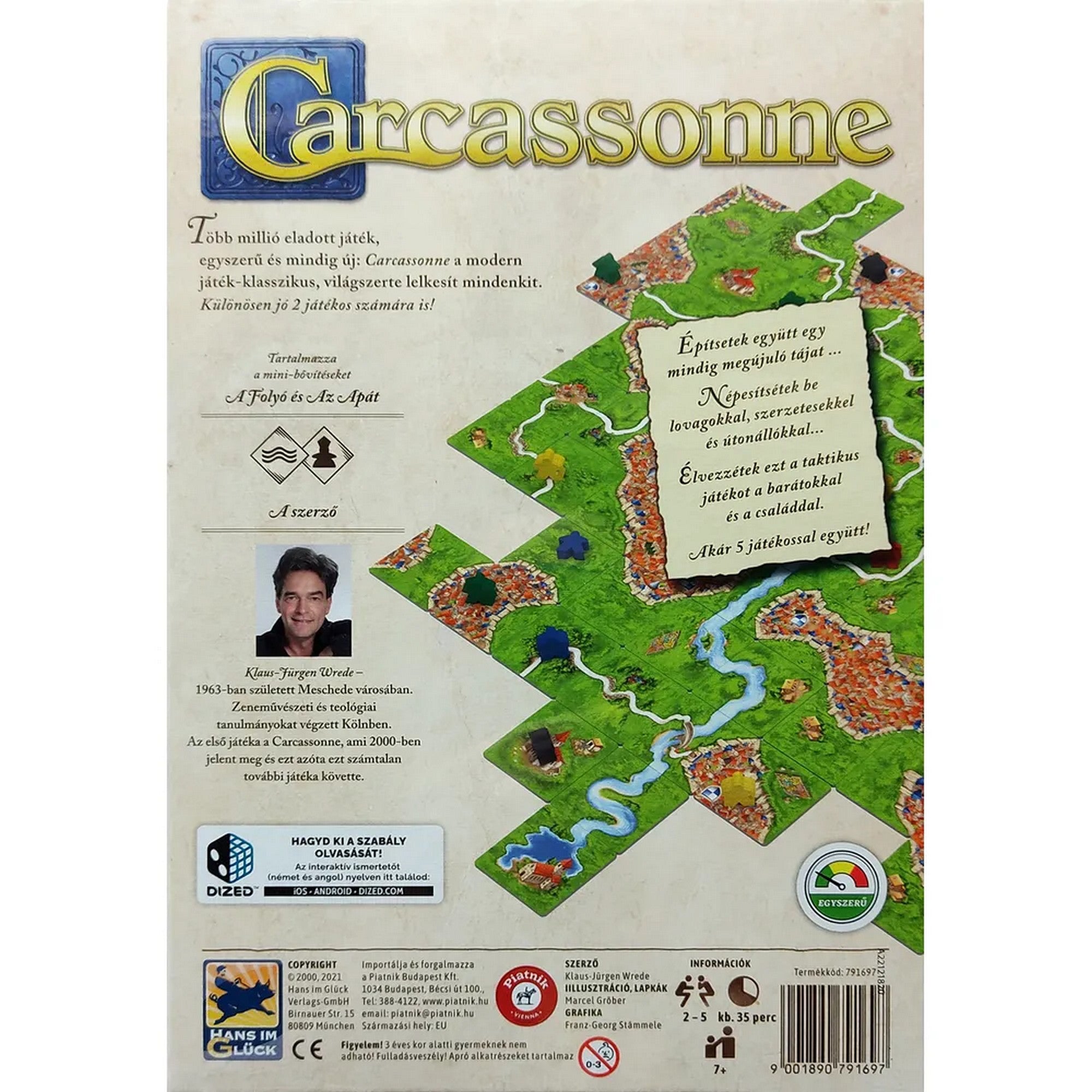 Carcassonne társasjáték doboz hátoldala, játéktáblarészletekkel, leírással és a játékmenetet bemutató grafikákkal.