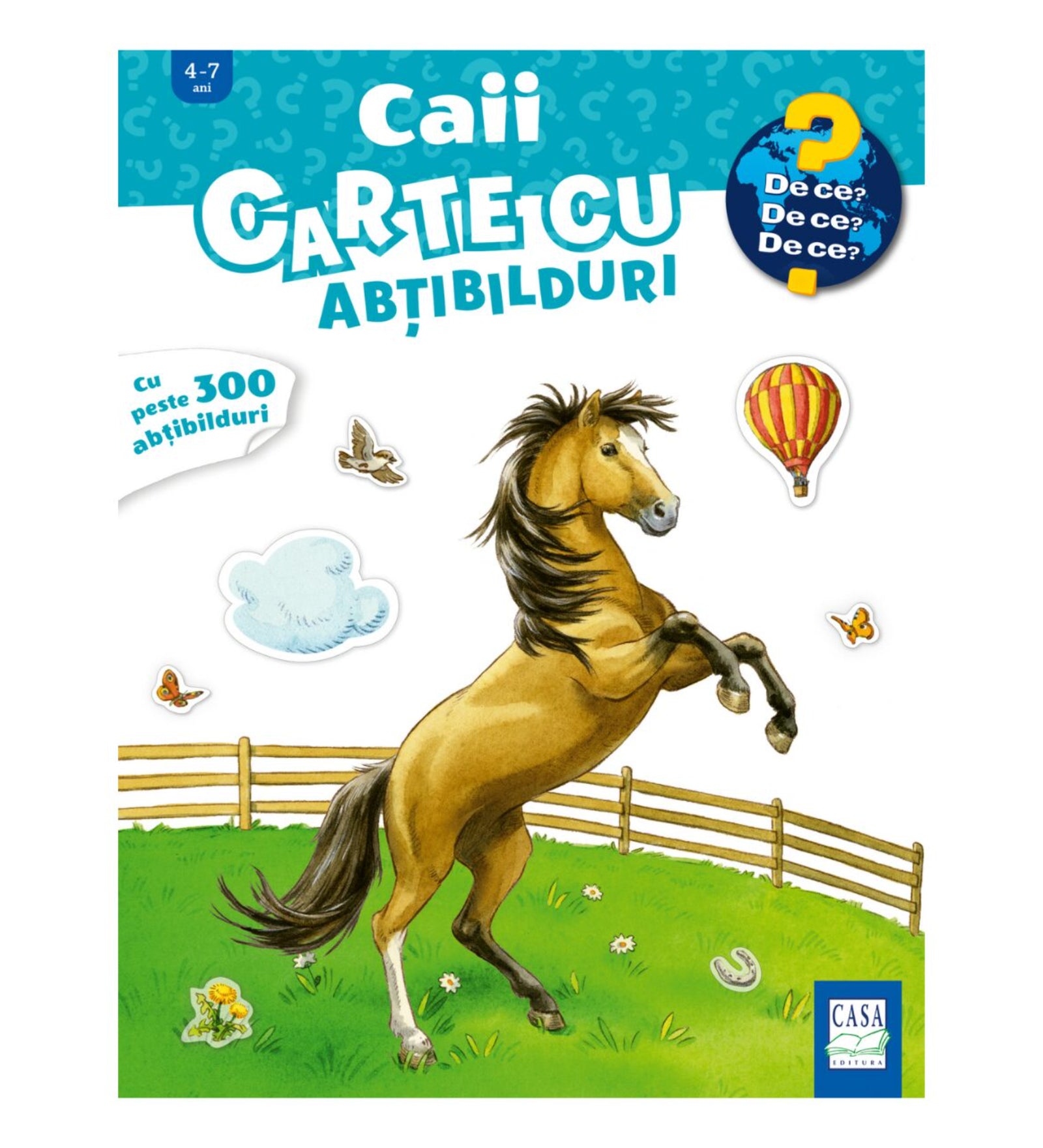 Caii – gyerekkönyv borító, amelyen egy barna ló ágaskodik a zöld réten, körülötte pillangók, madarak és egy hőlégballon illusztrációja látható.