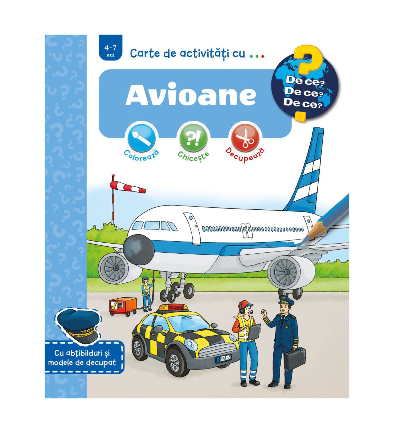 Avioane – gyerekkönyv borító, amelyen egy repülőgép áll a kifutón, előtte irányítóautó, földi személyzet és pilóta beszélget.