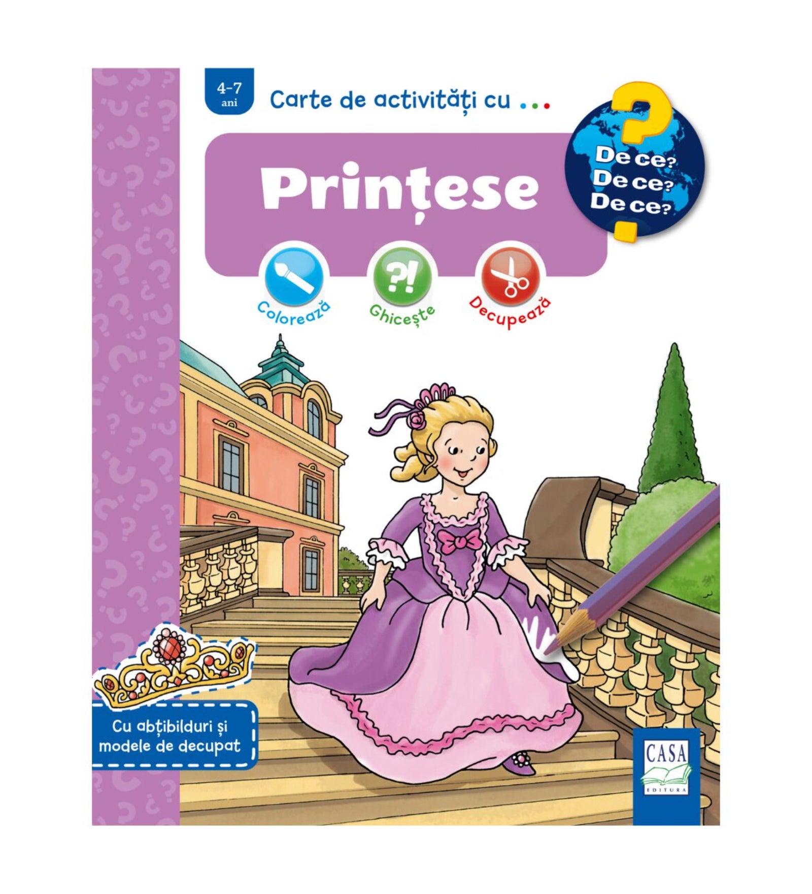Prințese – gyerekkönyv borító, amelyen egy hercegnő lila-rózsaszín ruhában lépked a kastély lépcsőjén, háttérben díszes kert és épület.