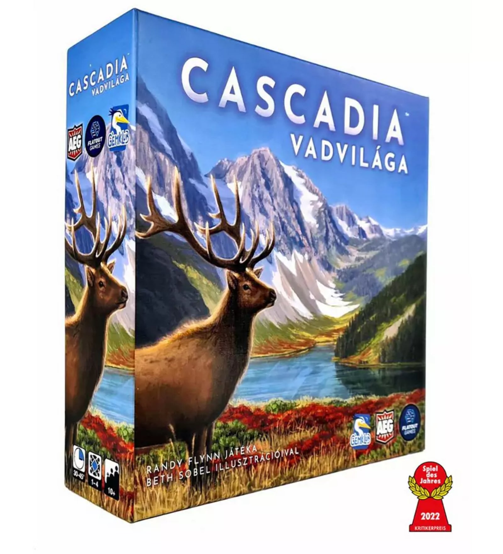 A Cascadia – Vadvilága társasjáték doboza, amelyen egy gyönyörű természeti táj látható havas hegycsúcsokkal, kék vízzel és színes növényzettel. Az előtérben egy szarvas áll, amely a vadon élő állatokra utal, a játék témáját kiemelve. A dobozon a játék címe nagy betűkkel szerepel, valamint a 'Spiel des Jahres 2022' díj logója is látható, amely a játék elismerését mutatja.
