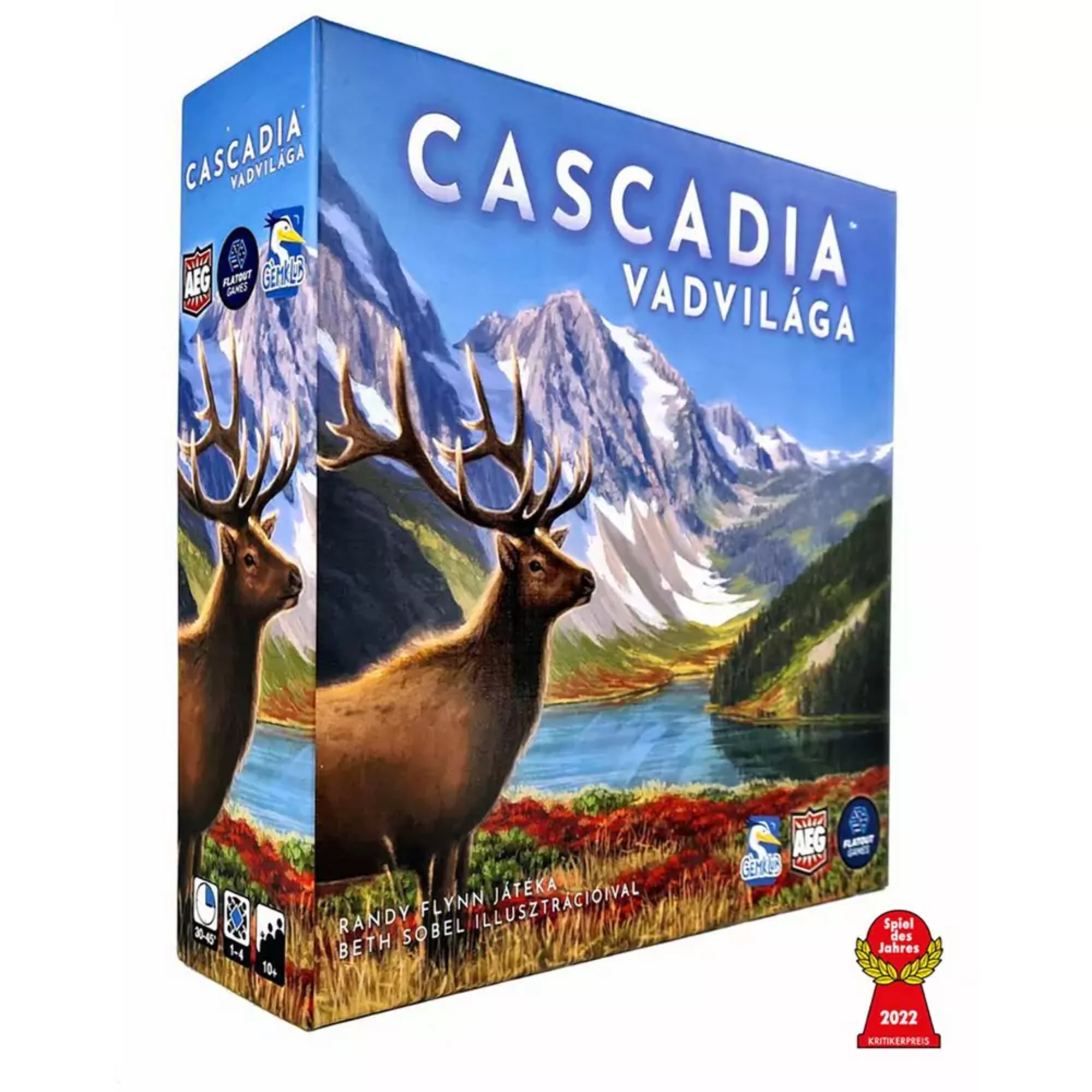 A Cascadia – Vadvilága társasjáték doboza, amelyen egy gyönyörű természeti táj látható havas hegycsúcsokkal, kék vízzel és színes növényzettel. Az előtérben egy szarvas áll, amely a vadon élő állatokra utal, a játék témáját kiemelve. A dobozon a játék címe nagy betűkkel szerepel, valamint a 'Spiel des Jahres 2022' díj logója is látható, amely a játék elismerését mutatja.