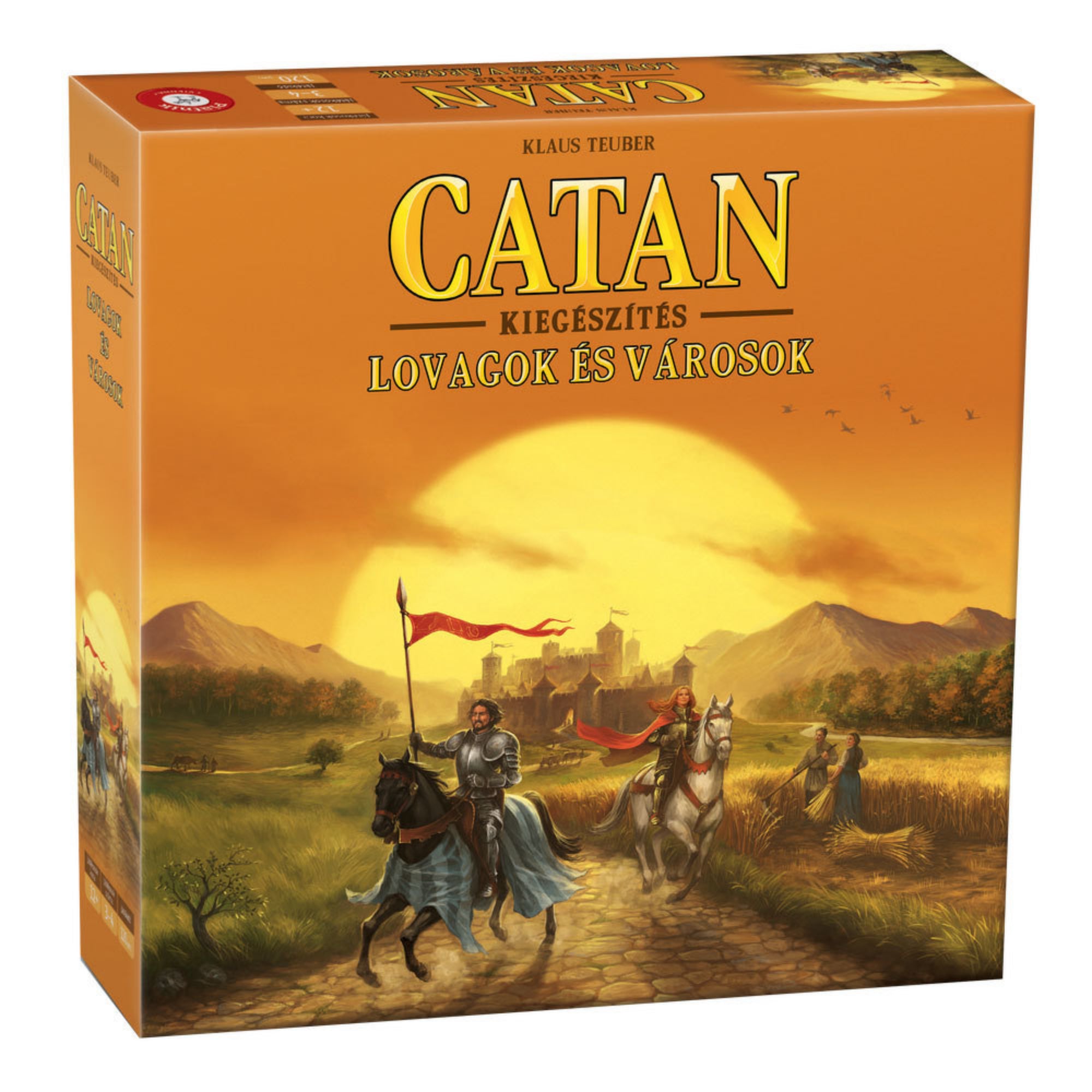 A Catan – Lovagok és városok kiegészítő társasjáték narancssárga doboza, előtérben két lovaggal, háttérben naplementével és egy középkori várral.