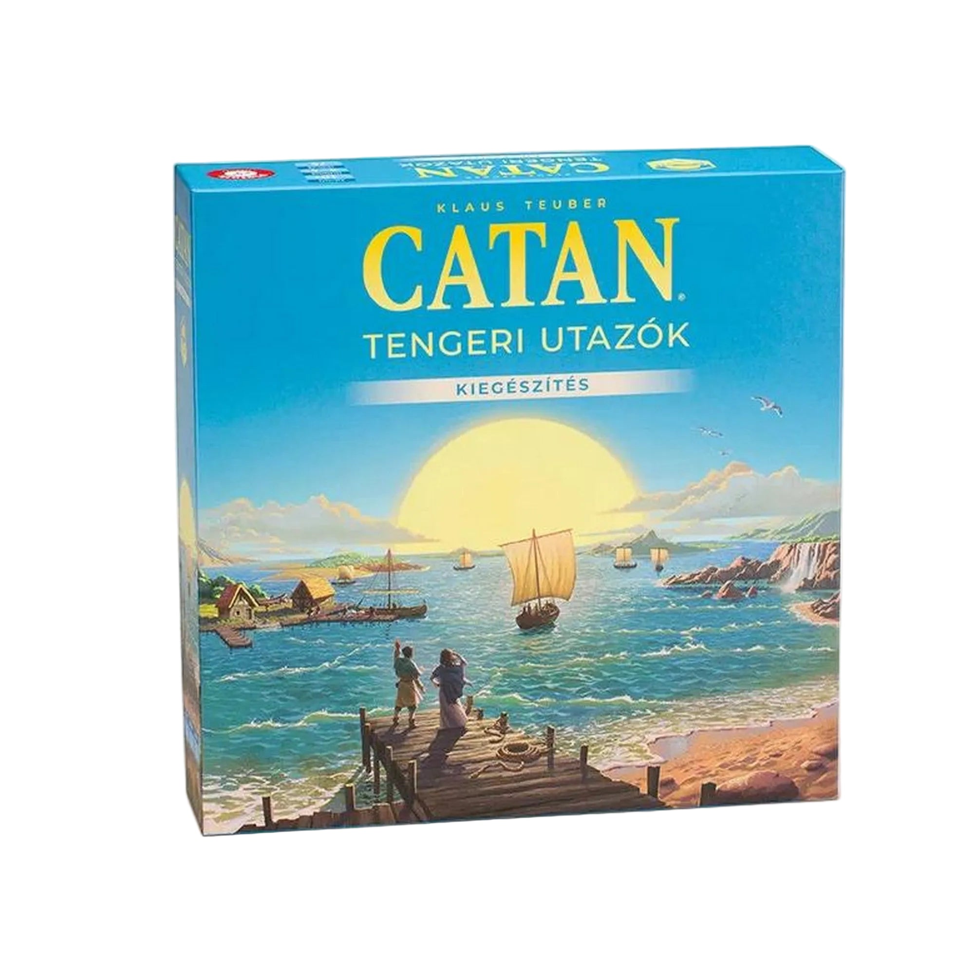 Catan – Tengeri utazók kiegészítő – a játék dobozának elölnézete, tengeri felfedezést ábrázoló illusztrációval