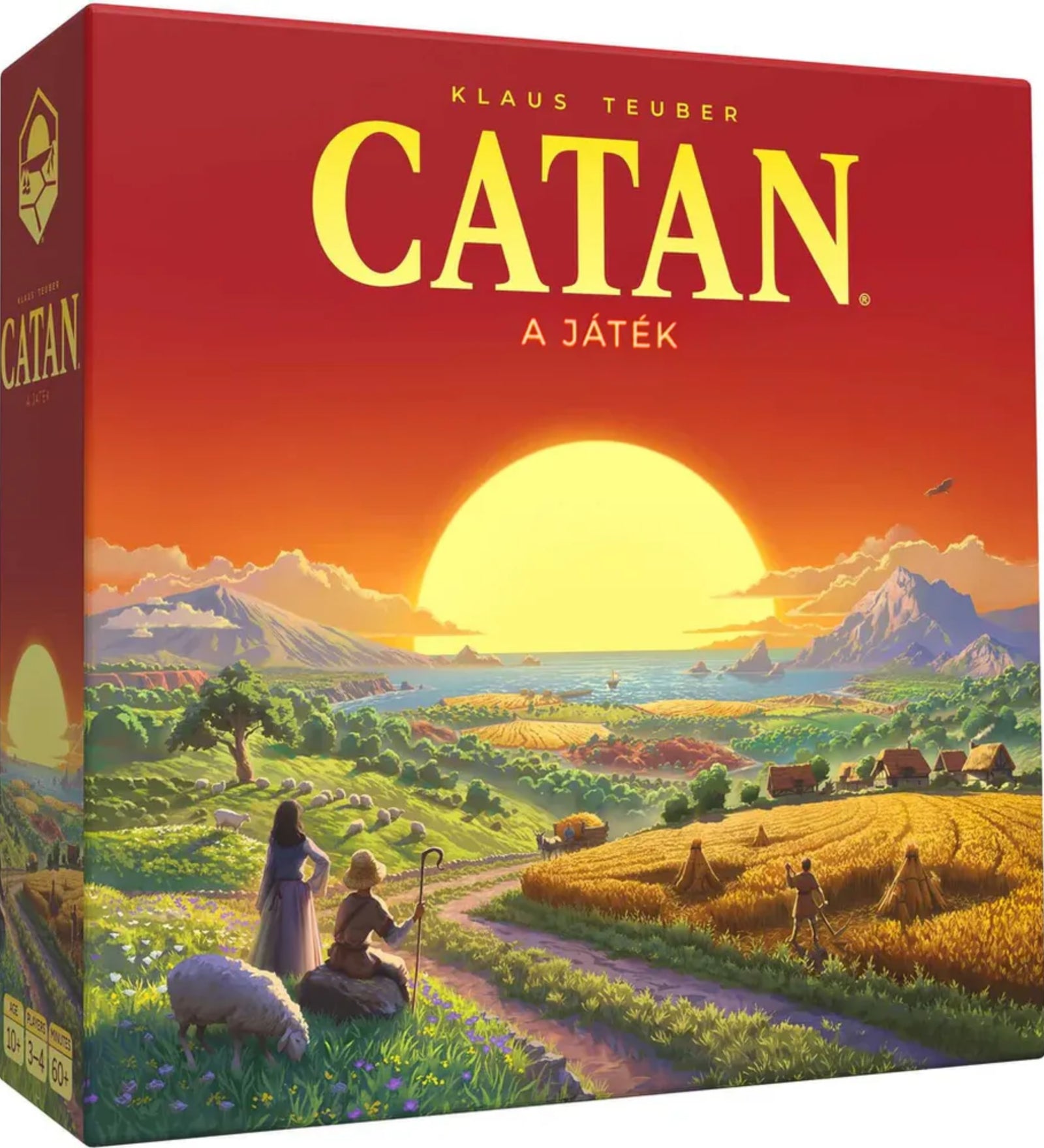A Catan telepesei 2025-ös magyar kiadásának piros színű, naplementés tájképet ábrázoló játéka doboza, előtérben két telepes és egy birka.