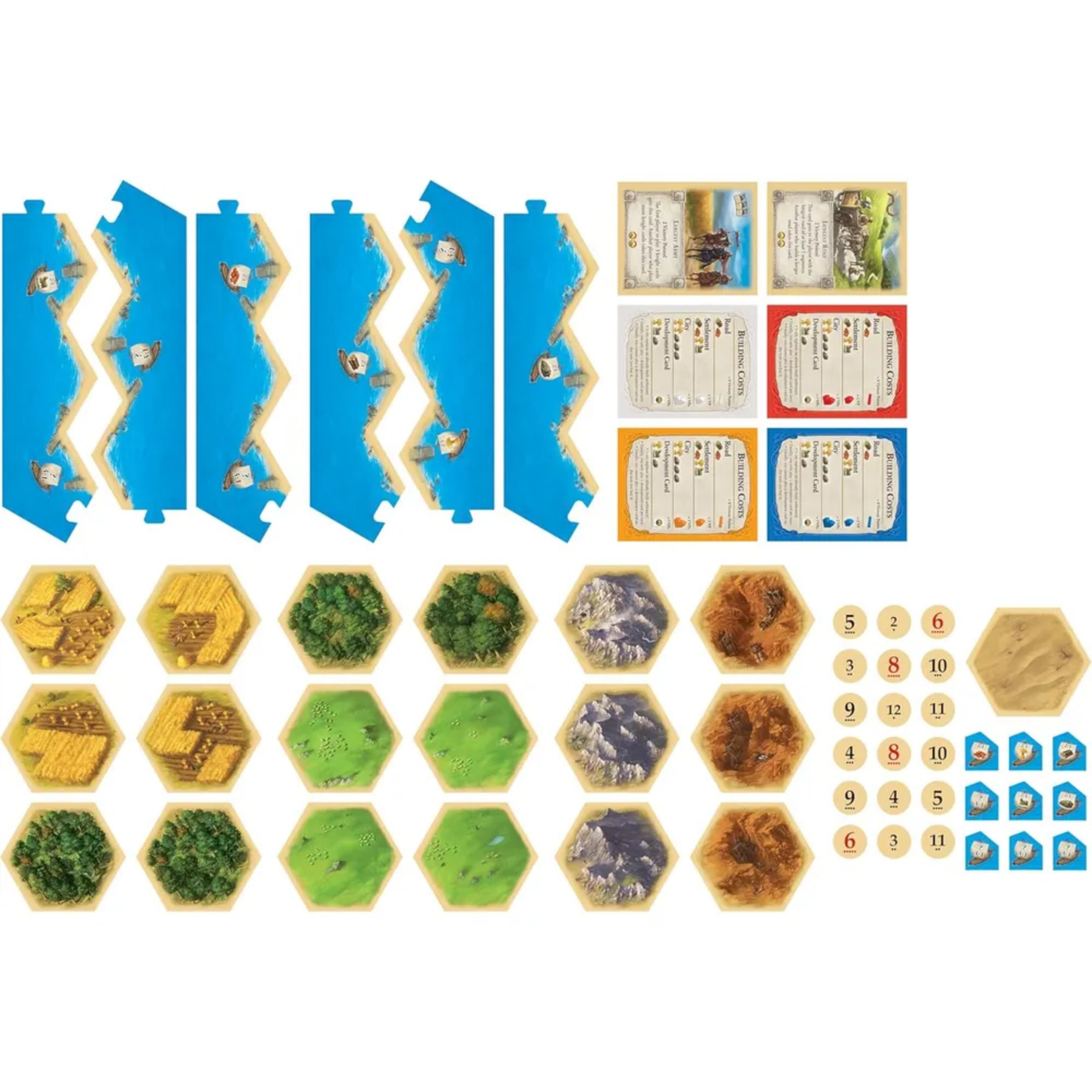 A Catan telepesei 2025-ös kiadásának játékelemei: tengeri szegélylapkák, hatszögű mezők, számkorongok, játékoskártyák és különböző színű kiegészítők.