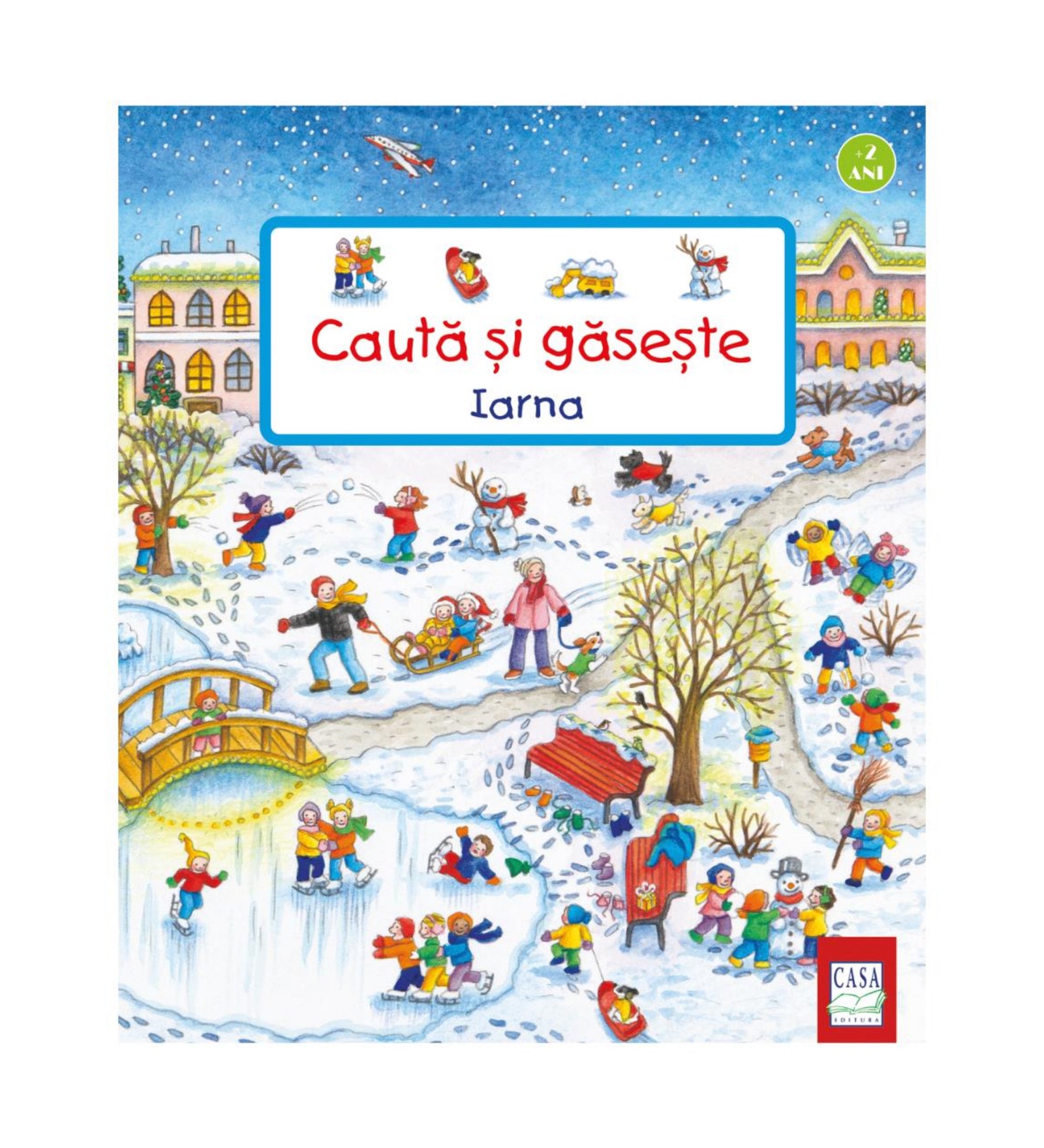 „Caută și găsește – Iarna” román nyelvű gyerekkönyv borítója, amelyen havas téli jelenet látható: gyerekek hógolyóznak, korcsolyáznak, hóembert építenek, szánkóznak és játszanak a parkban.