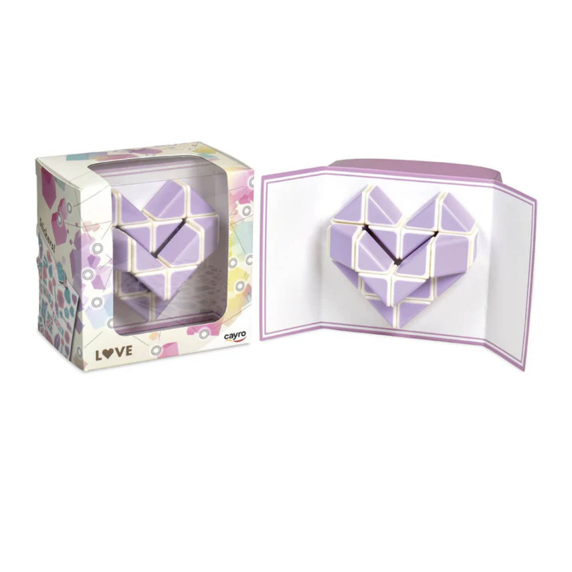 Cayro LOVE szív puzzle dobozzal és kihajtható üzenetkártyával, lila-fehér színű kirakó formázott szív alakban.