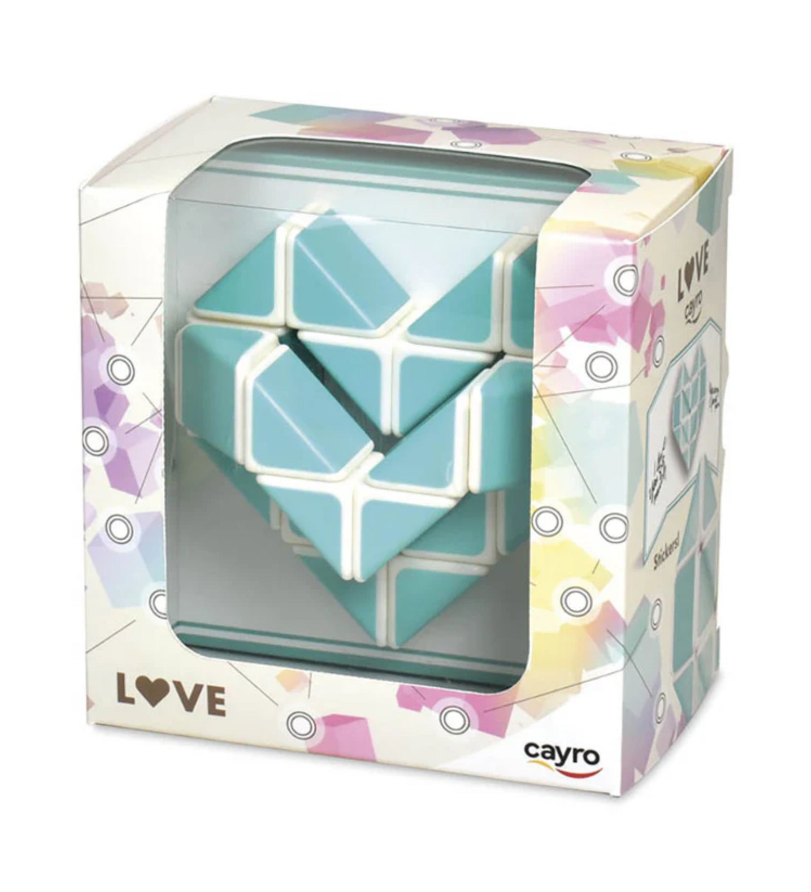 Cayro LOVE szív alakú logikai puzzle dobozban, türkiz-fehér színű kirakóval, ajándékcsomagolásban.