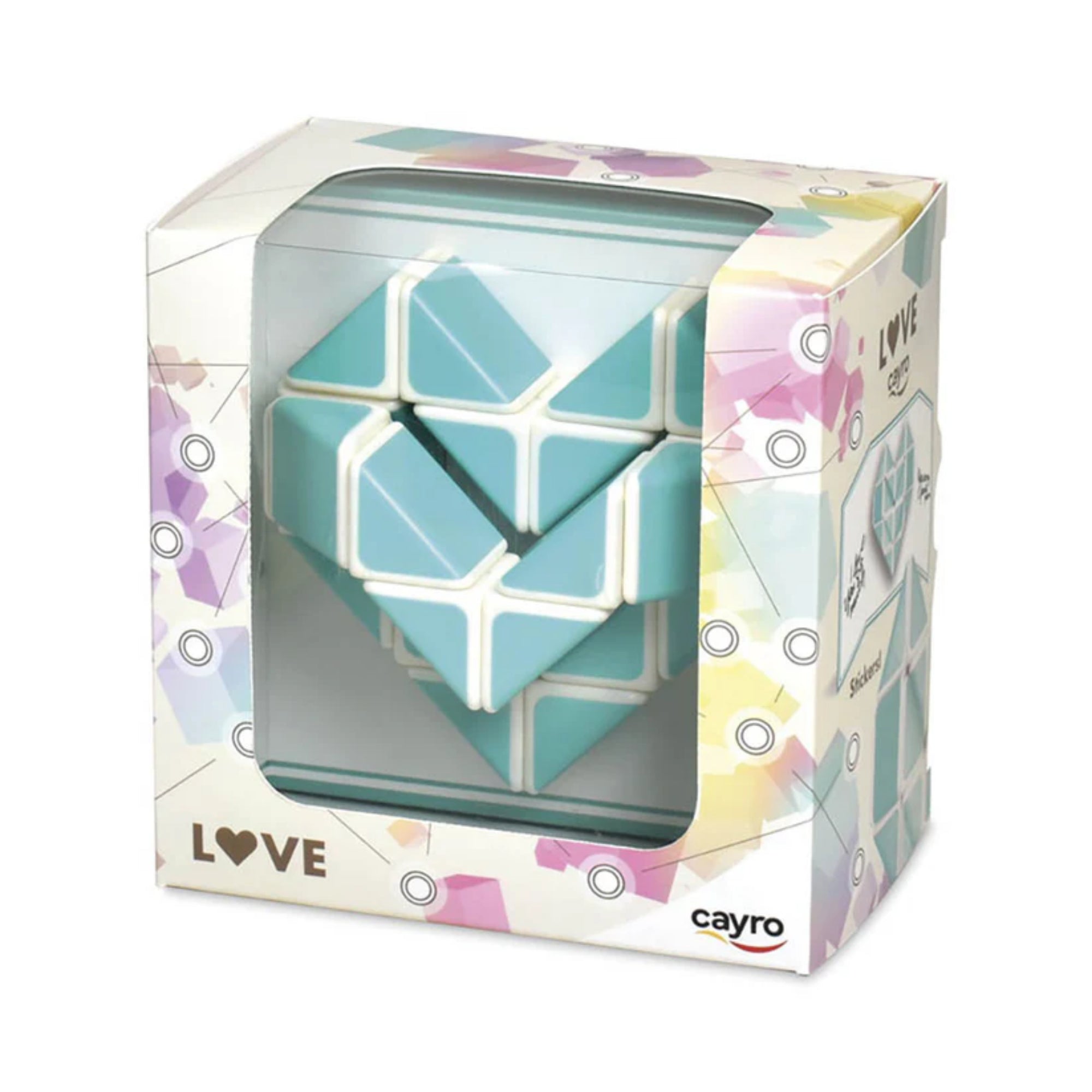 Cayro LOVE szív alakú logikai puzzle dobozban, türkiz-fehér színű kirakóval, ajándékcsomagolásban.