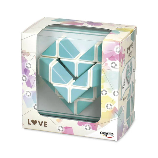 Cayro LOVE szív alakú logikai puzzle dobozban, türkiz-fehér színű kirakóval, ajándékcsomagolásban.