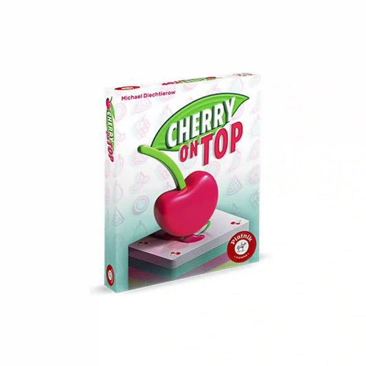 Cherry on Top kártyajáték doboza, amelyen a játék logója és egy nagy cseresznye látható a letisztult borítógrafikán.