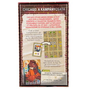 Chicago: A kampánycsata társasjáték dobozának hátoldala részletes játékleírással, várostérképpel és a játékmenetet bemutató illusztrációkkal.