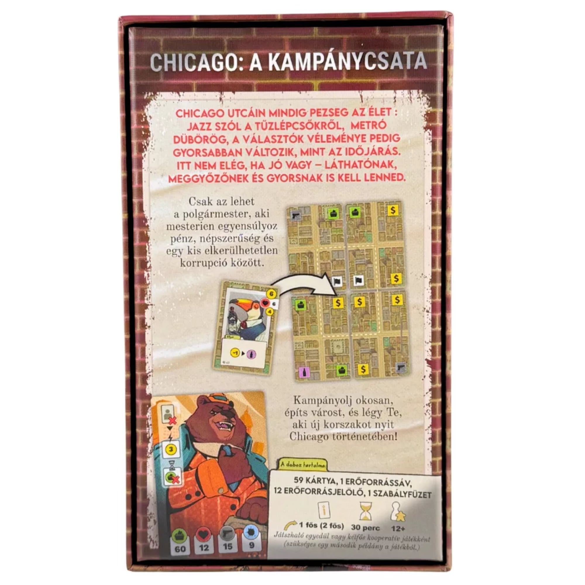 Chicago: A kampánycsata társasjáték dobozának hátoldala részletes játékleírással, várostérképpel és a játékmenetet bemutató illusztrációkkal.