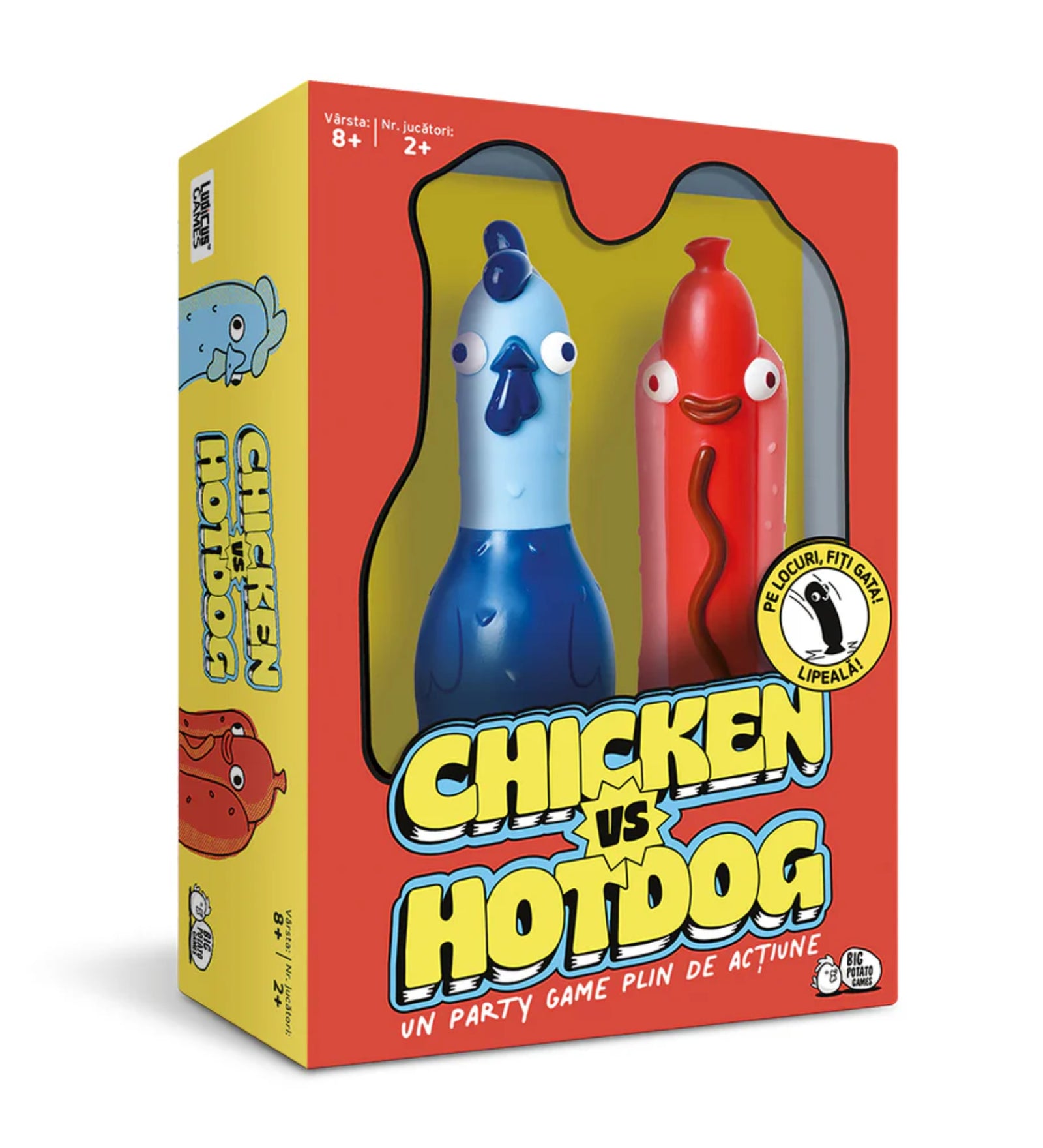 A képen a Chicken vs Hotdog partijáték doboza látható, amely két mókás figurát – egy csirkét és egy hotdogot – tartalmaz. Ez a gyors és szórakoztató ügyességi játék minden korosztálynak garantált nevetést ígér!