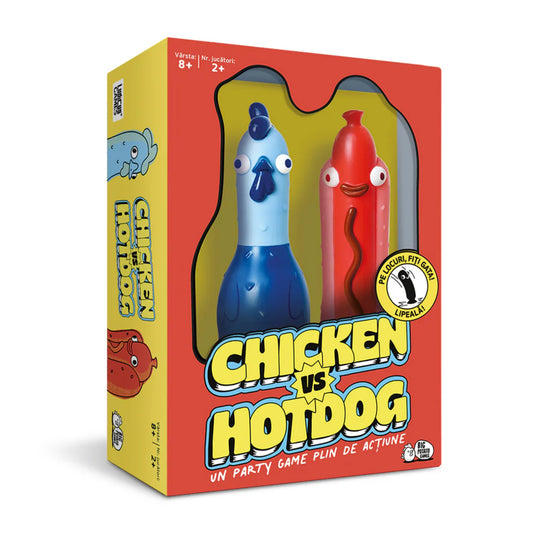 A képen a Chicken vs Hotdog partijáték doboza látható, amely két mókás figurát – egy csirkét és egy hotdogot – tartalmaz. Ez a gyors és szórakoztató ügyességi játék minden korosztálynak garantált nevetést ígér!