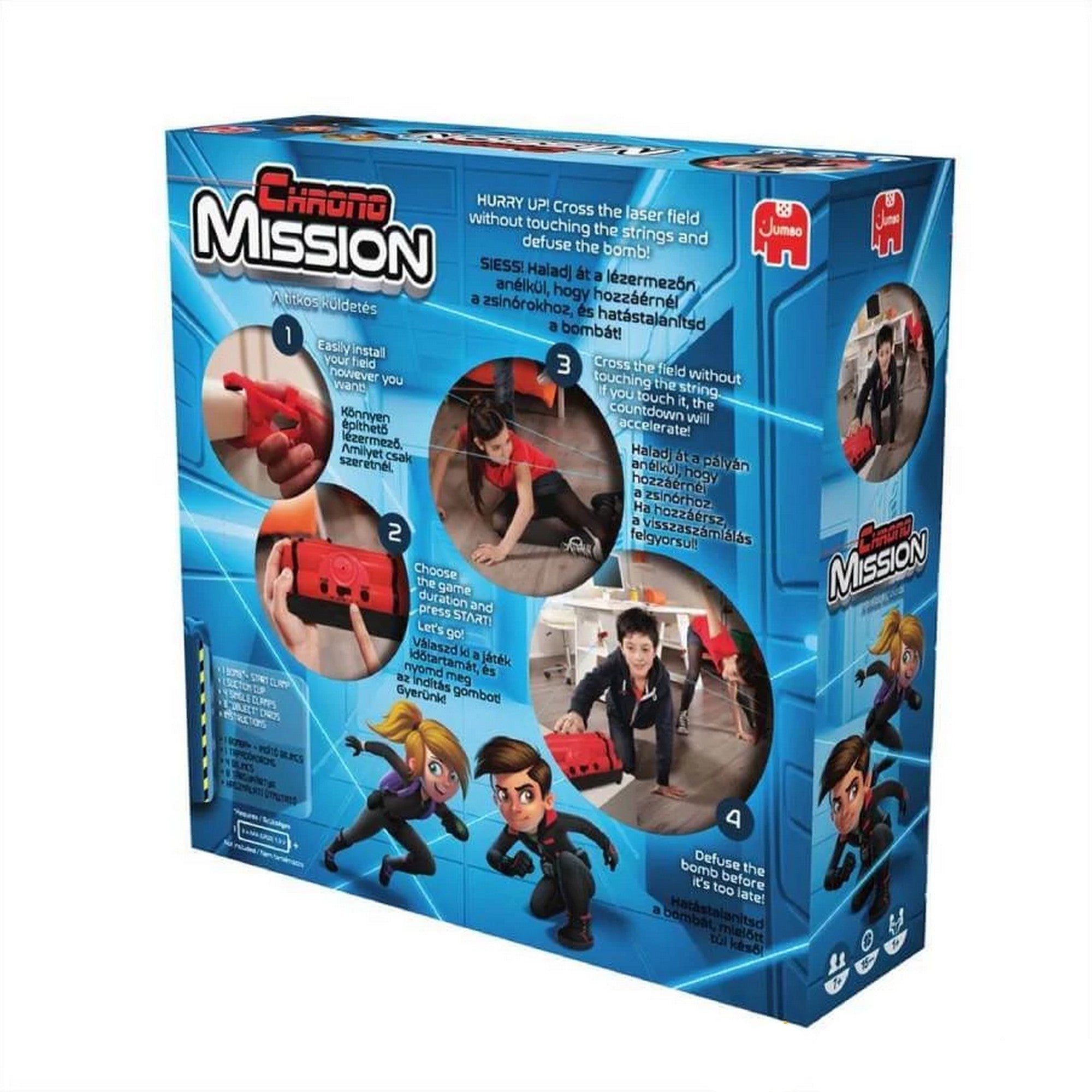 A Chrono Mission – A titkos küldetés társasjáték dobozának hátoldala, amely illusztrálja a játék menetét, a gyerekek lézermezőn való áthaladását és a bomba hatástalanításának lépéseit.