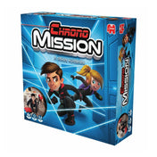 A Chrono Mission – A titkos küldetés társasjáték dobozának előlapja, amelyen két akcióra kész fiatal szereplő látható futurisztikus, kék háttér előtt, a játék logójával és a Jumbo márkajellel.