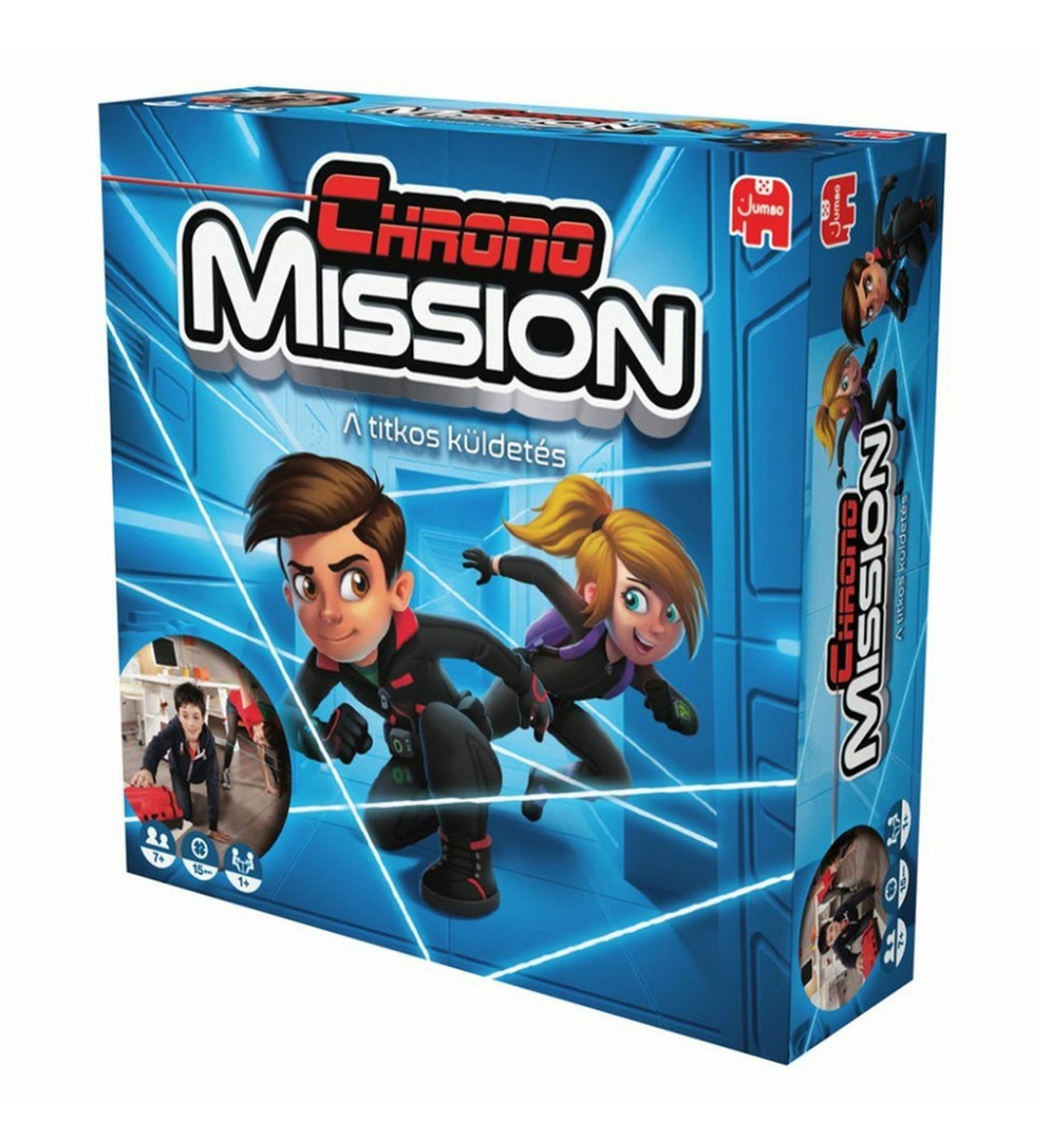 A Chrono Mission – A titkos küldetés társasjáték dobozának előlapja, amelyen két akcióra kész fiatal szereplő látható futurisztikus, kék háttér előtt, a játék logójával és a Jumbo márkajellel.