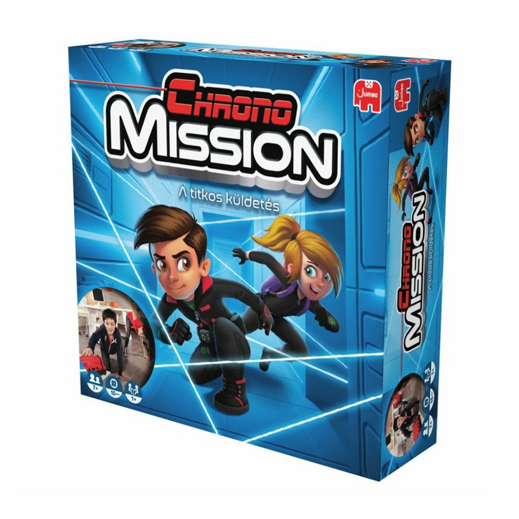 A Chrono Mission – A titkos küldetés társasjáték dobozának előlapja, amelyen két akcióra kész fiatal szereplő látható futurisztikus, kék háttér előtt, a játék logójával és a Jumbo márkajellel.