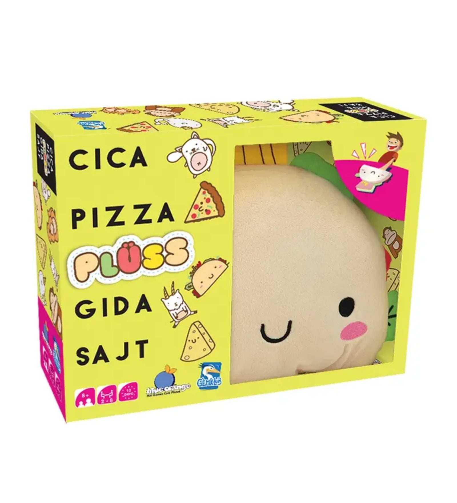A Cica, pizza, plüss, gida, sajt társasjáték élénk sárga színű doboza elölnézetből, rajta cica, pizza, gida és sajt figurák, valamint a doboz nyitott részén keresztül kilátszó mosolygó plüssfigura.
