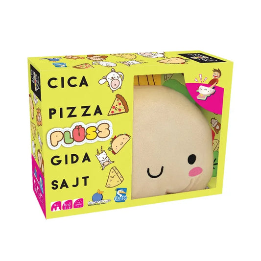 A Cica, pizza, plüss, gida, sajt társasjáték élénk sárga színű doboza elölnézetből, rajta cica, pizza, gida és sajt figurák, valamint a doboz nyitott részén keresztül kilátszó mosolygó plüssfigura.