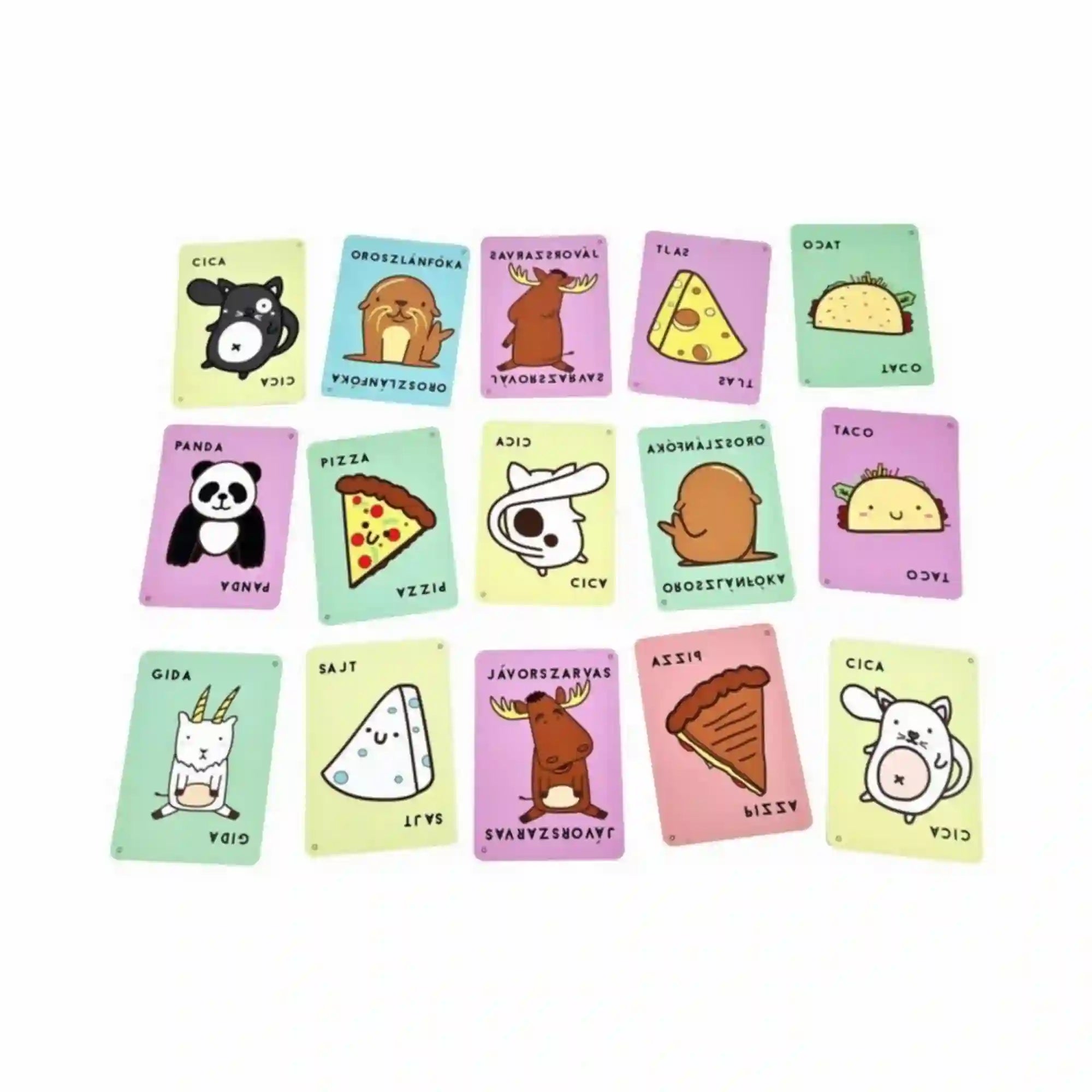 Cica, pizza, taco, gida, sajt – Fordulatos fordítás magyar nyelvű társasjáték kártyái, különféle állat- és ételillusztrációkkal. A képen többek között cica, pizza, taco, gida, sajt, panda, jávorszarvas és oroszlánfóka lapok láthatók.