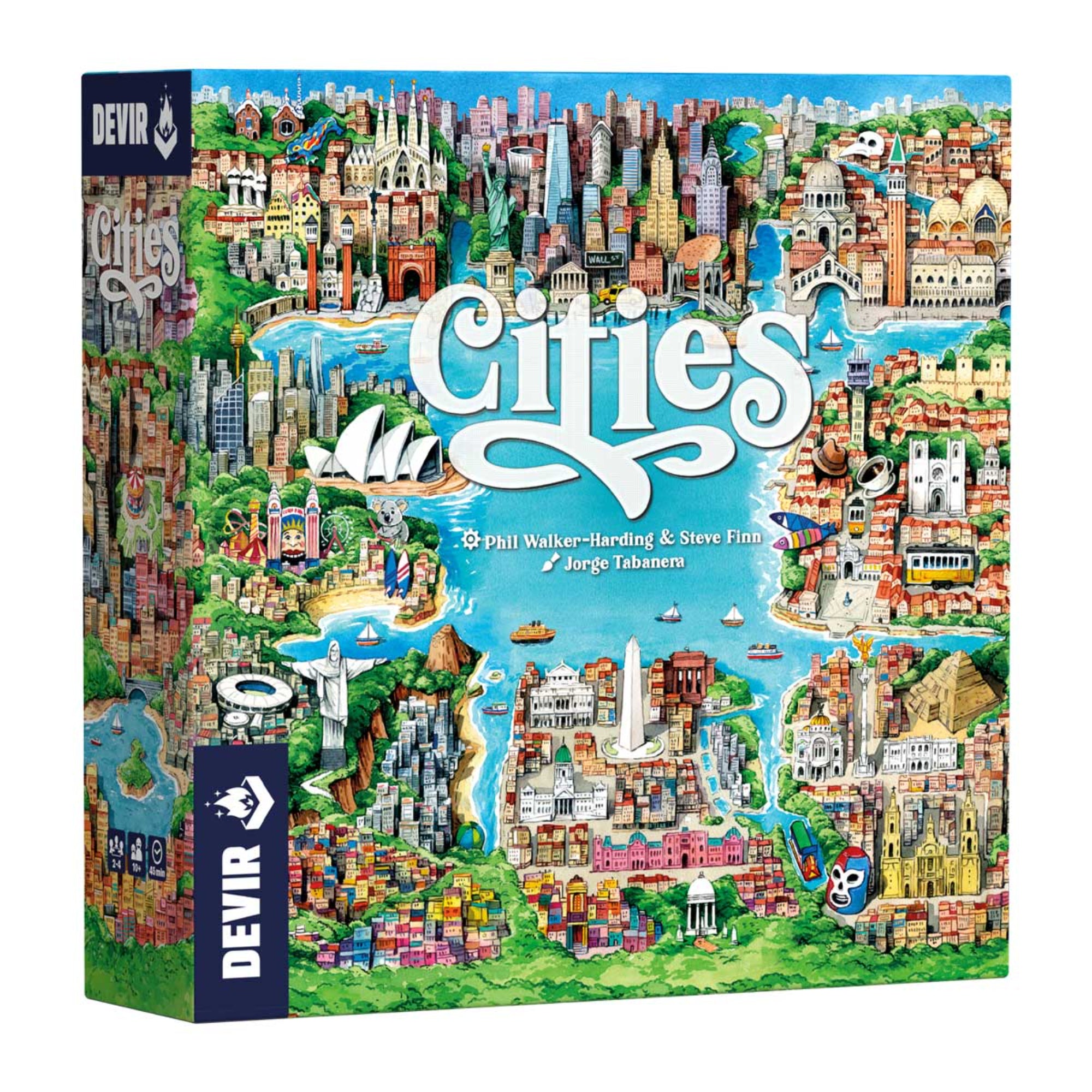 A képen a Cities társasjáték doboza látható. A borító egy látványos, színes illusztrációt ábrázol, amely a világ különböző híres városait jeleníti meg, beleértve New Yorkot, Barcelonát, Rio de Janeirót és Velencét. A játék logója a középpontban helyezkedik el, míg a részletgazdag grafikák a városépítés tematikáját hangsúlyozzák. A doboz jelzi, hogy a játék 2-4 játékos számára készült, és egy városépítő stratégiai társasjátékot rejt.