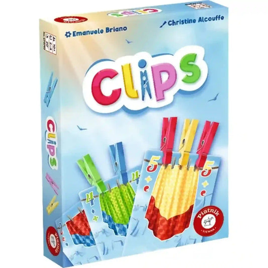 Clips társasjáték doboza, amelyen a játék logója és a száradó ruhákat tartó színes csipeszekkel ellátott játékkártyák láthatók, utalva a játék fő mechanikájára.