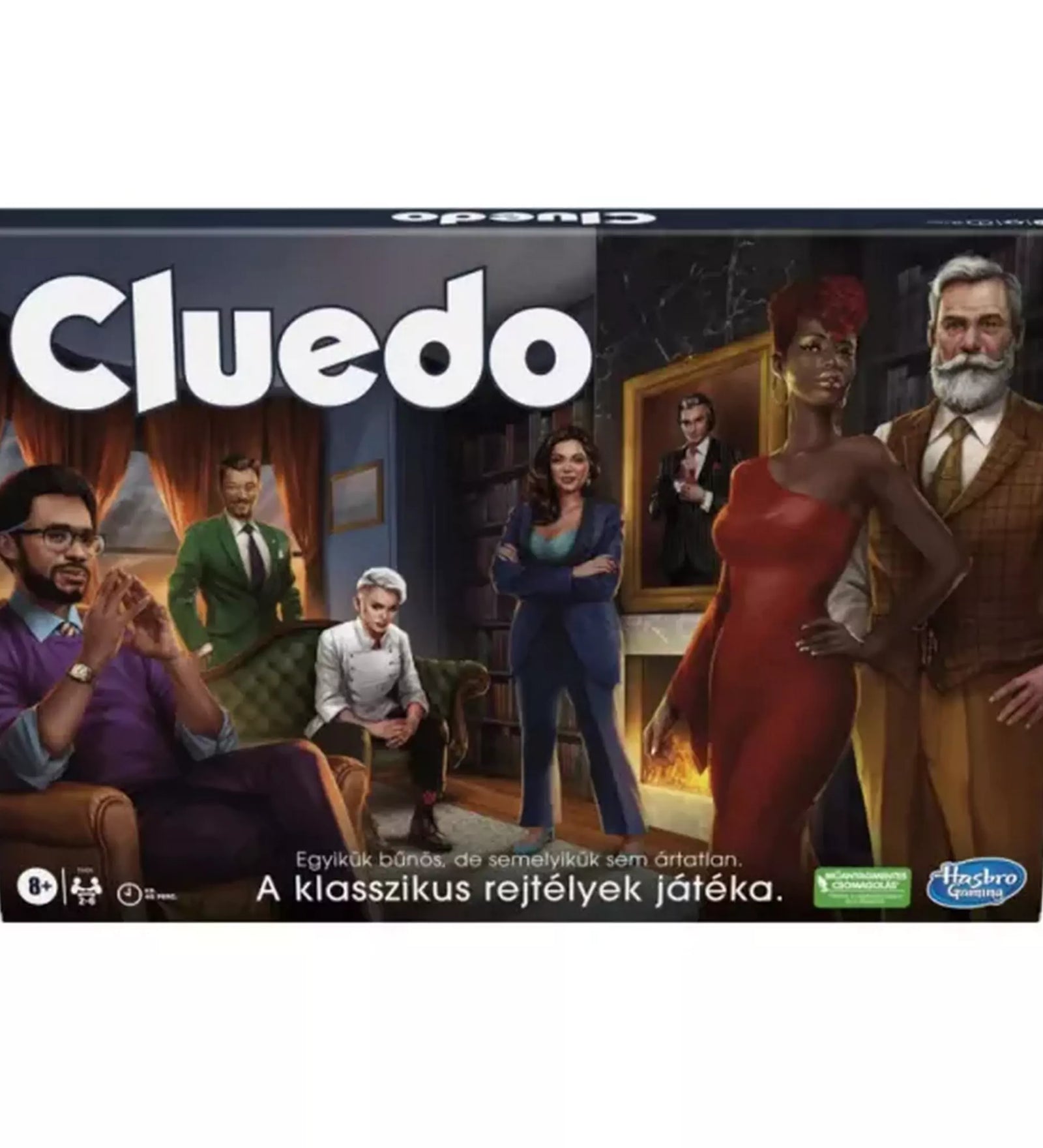 Cluedo társasjáték doboz előlap – A klasszikus detektív társasjáték új kiadásának doboza, amelyen a gyanúsítottak karakterei láthatók.