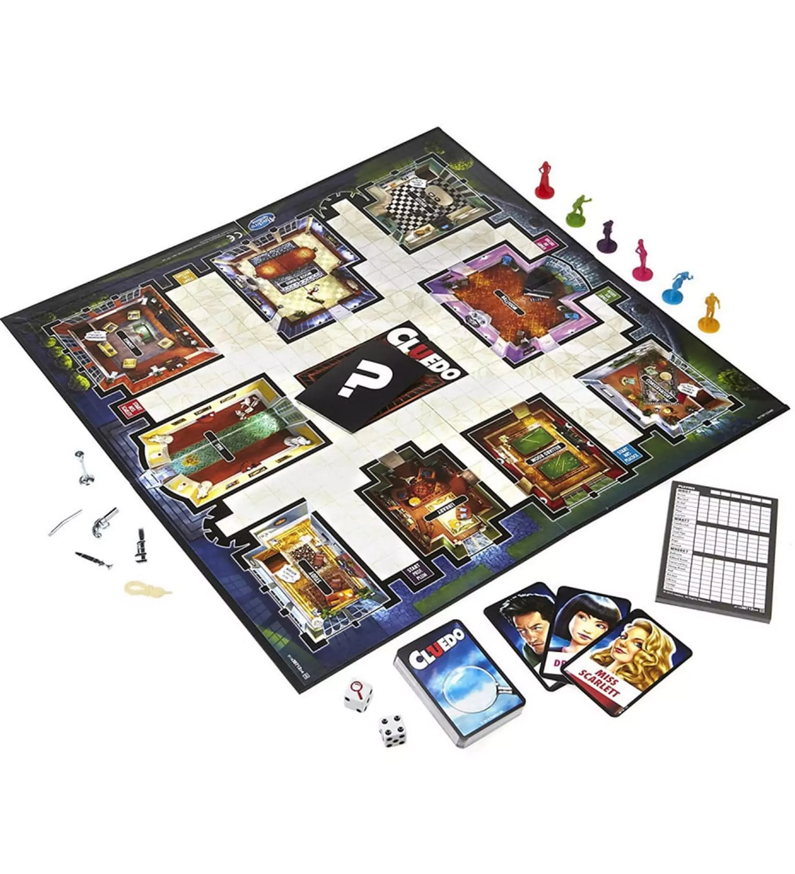 Cluedo társasjáték tartalma – A klasszikus Cluedo játék játéktáblája szobákkal, karakter- és tárgykártyákkal, dobókockákkal, jegyzetlappal, fegyverbábukkal és színes figurákkal.