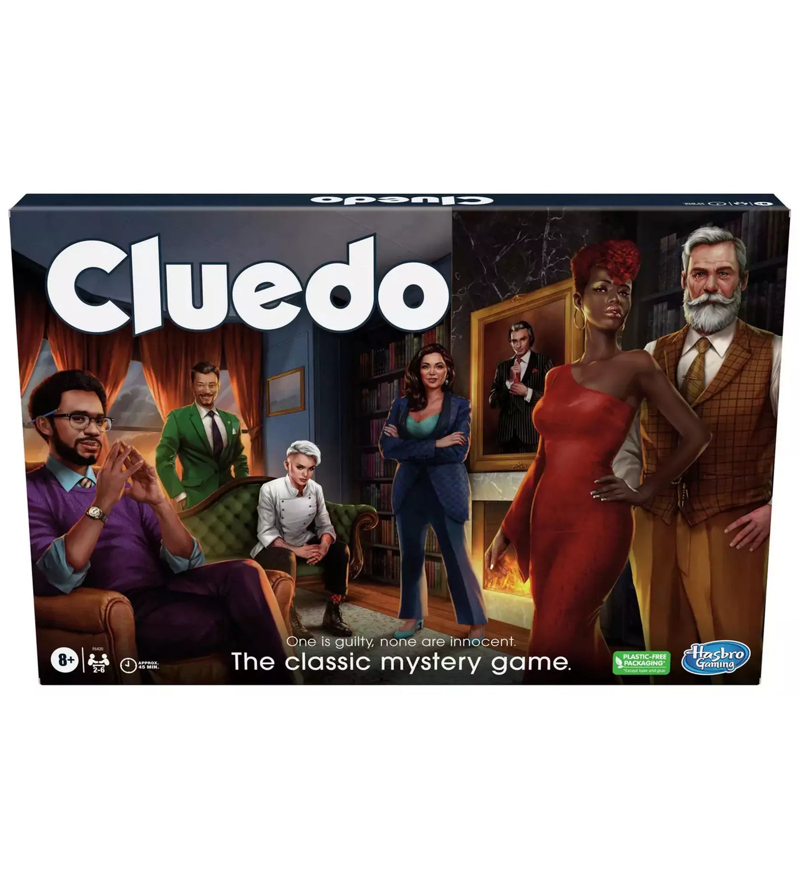  A Cluedo – Újított kiadás doboza, amelyen a hat gyanúsított karakter egy elegáns belső térben látható.