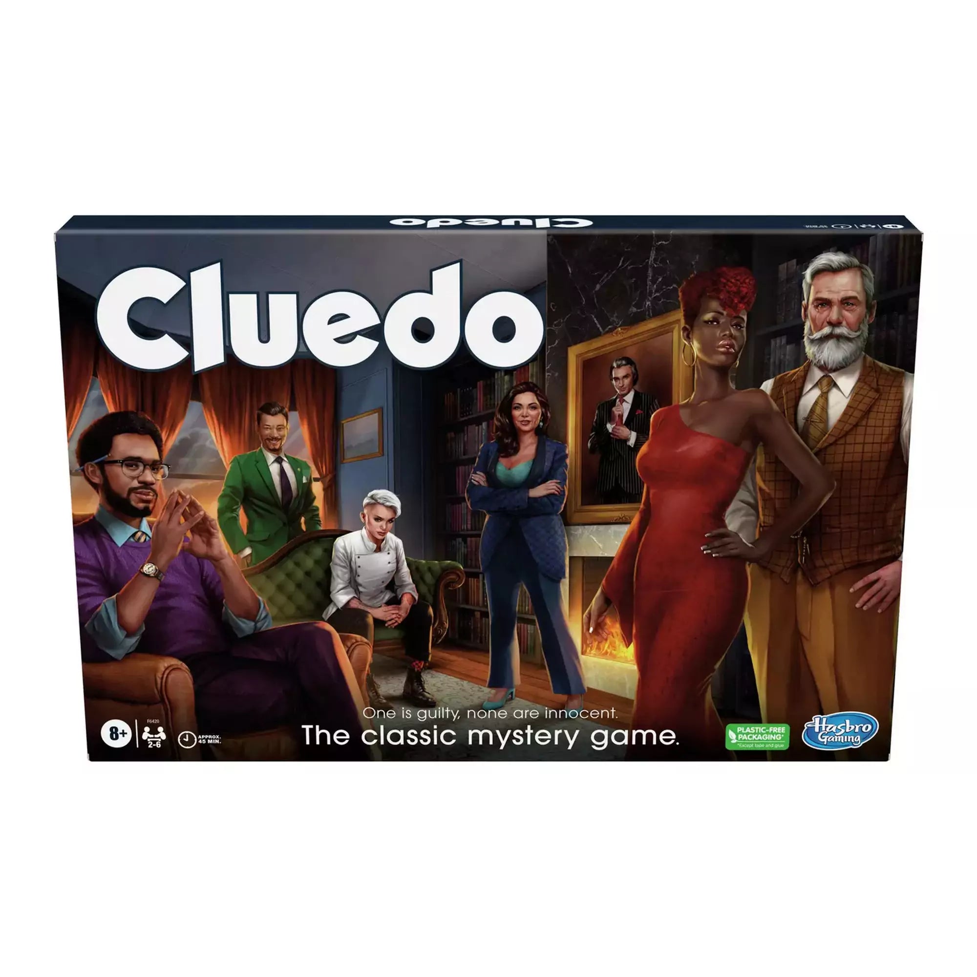  A Cluedo – Újított kiadás doboza, amelyen a hat gyanúsított karakter egy elegáns belső térben látható.