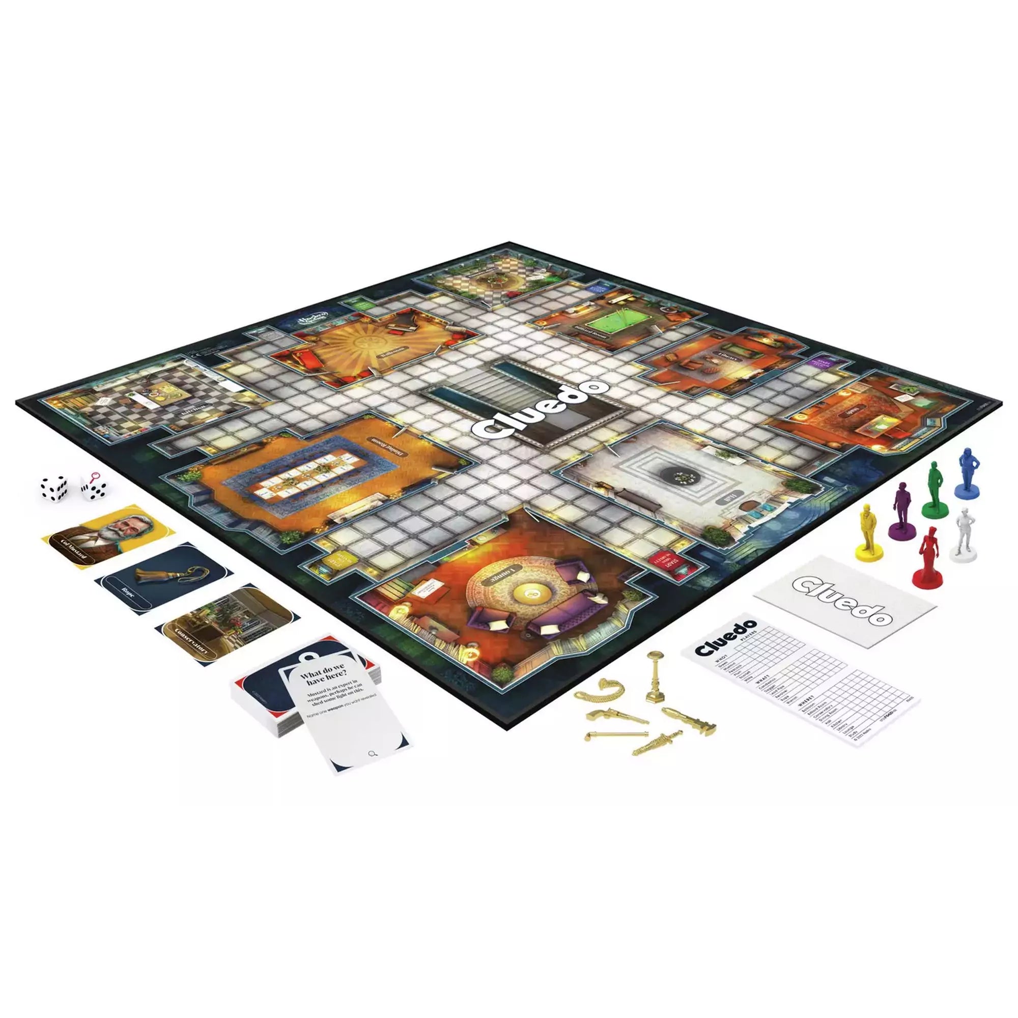 A Cluedo társasjáték kibontva, látható a játéktábla, a karakterfigurák, a fegyverek és a kártyák.