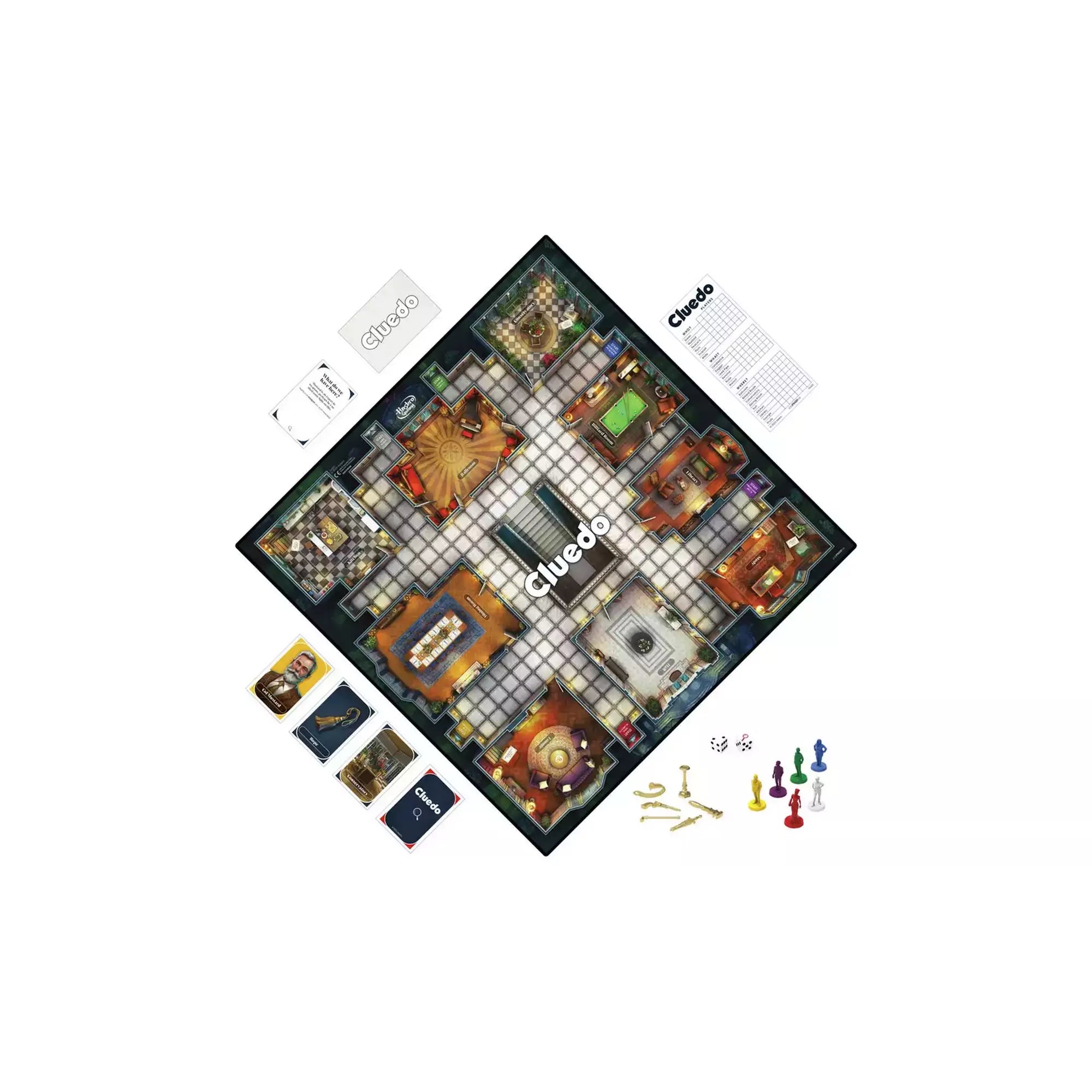 Felülnézeti kép a Cluedo – Újított kiadás társasjátékról, a teljes játéktáblával és a komponensekkel.