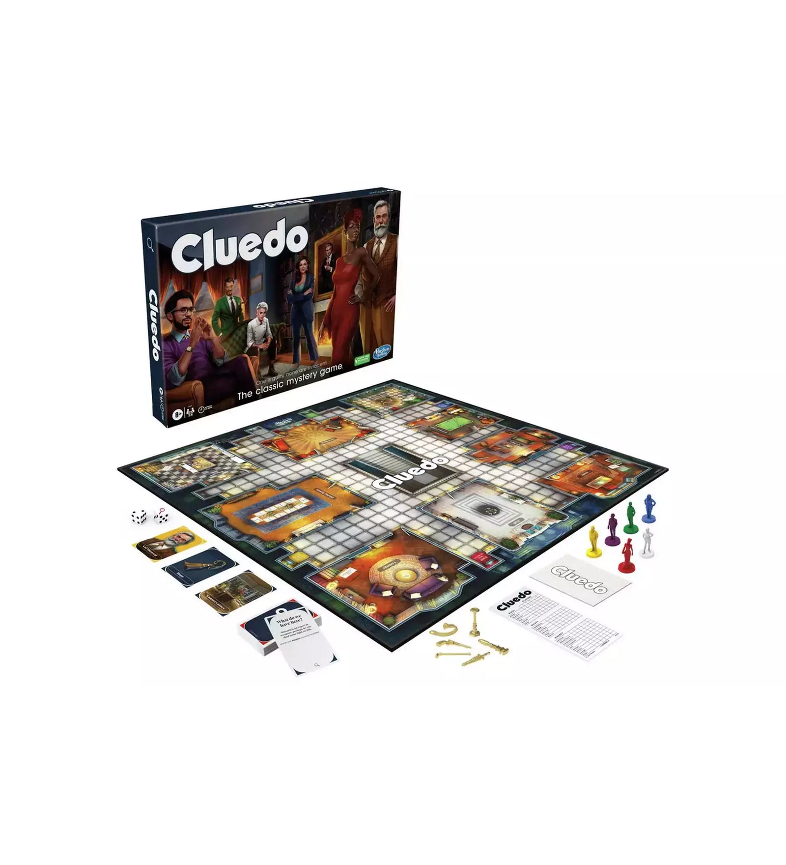 A Cluedo játék doboza és a játéktábla szögből fotózva, a karakterek, fegyverek és kártyák elrendezve.