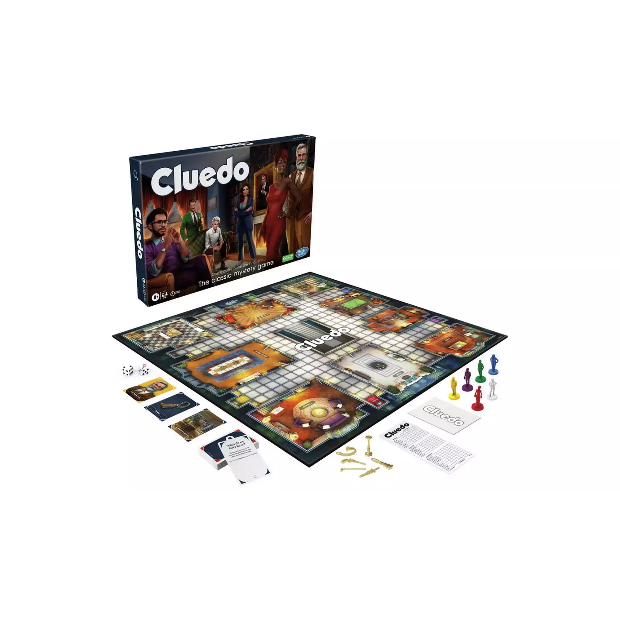 A Cluedo játék doboza és a játéktábla szögből fotózva, a karakterek, fegyverek és kártyák elrendezve.