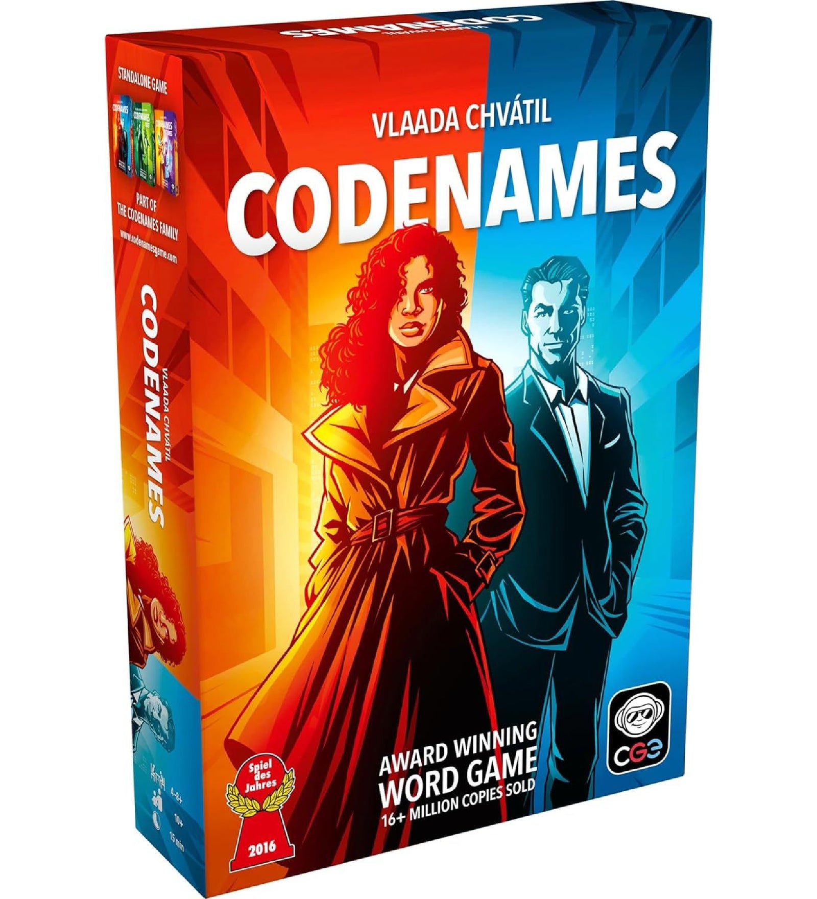 A Codenames angol nyelvű társasjáték doboza, vörös és kék árnyalatú háttérrel, amelyen két elegáns titkosügynök látható. A doboz kiemeli a játék díjnyertes státuszát és a több mint 16 millió eladott példányt.