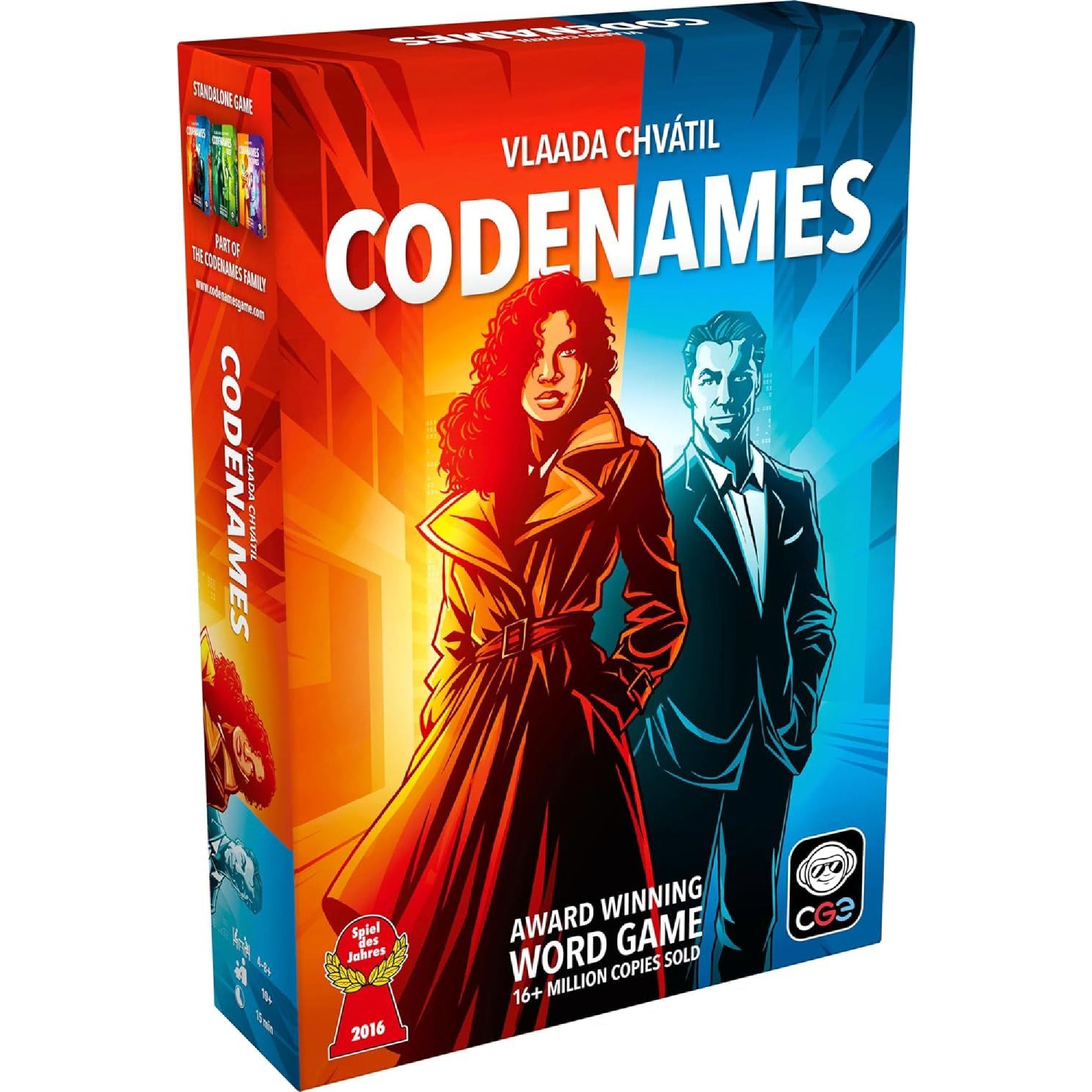 A Codenames angol nyelvű társasjáték doboza, vörös és kék árnyalatú háttérrel, amelyen két elegáns titkosügynök látható. A doboz kiemeli a játék díjnyertes státuszát és a több mint 16 millió eladott példányt.