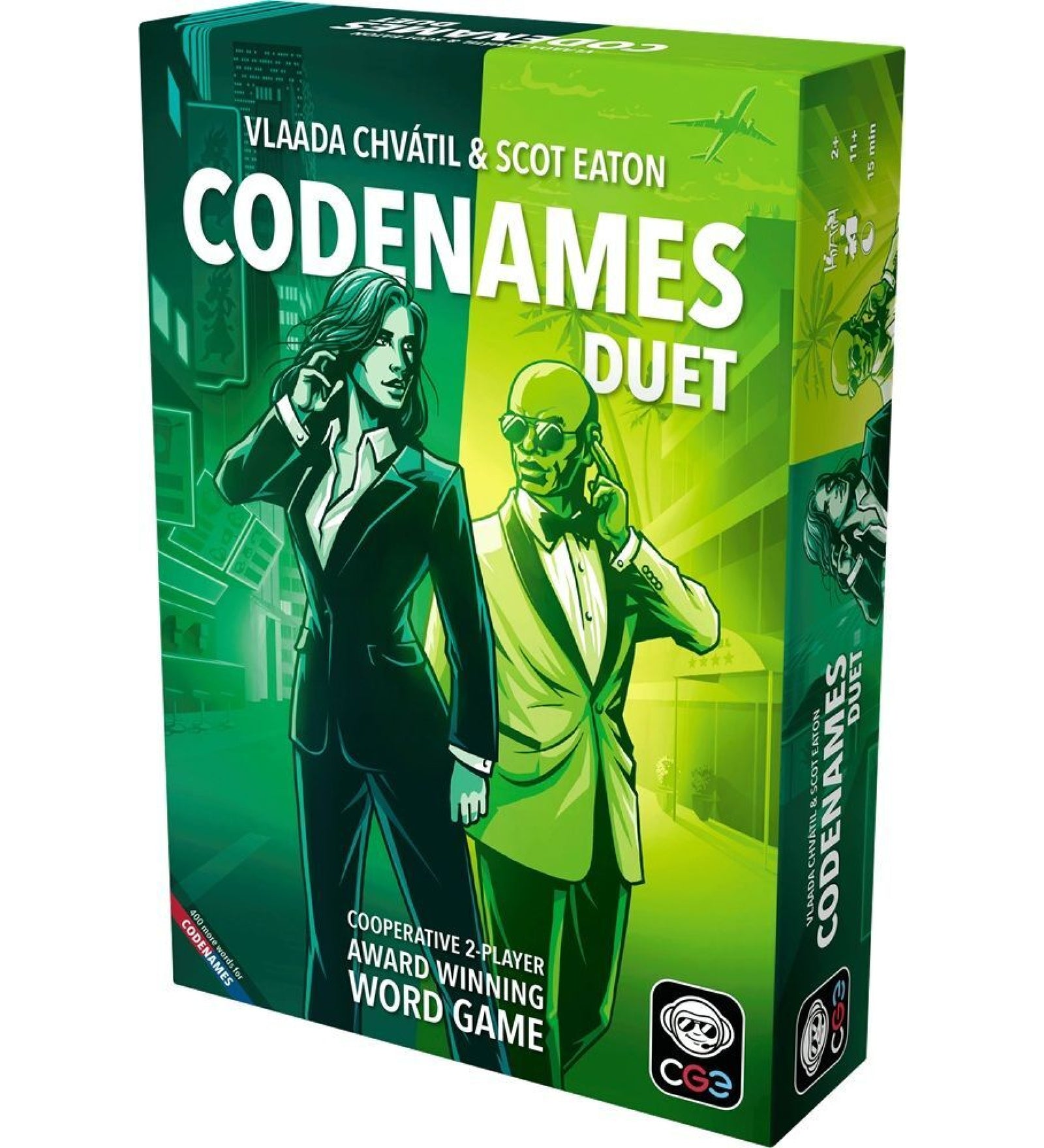 A Codenames Duet angol nyelvű társasjáték doboza, amelyen két elegáns, titkosügynököt ábrázoló illusztráció szerepel zöld árnyalatú háttérrel. A doboz kiemeli, hogy a játék kooperatív, kétfős szójáték, amely több díjat is nyert.