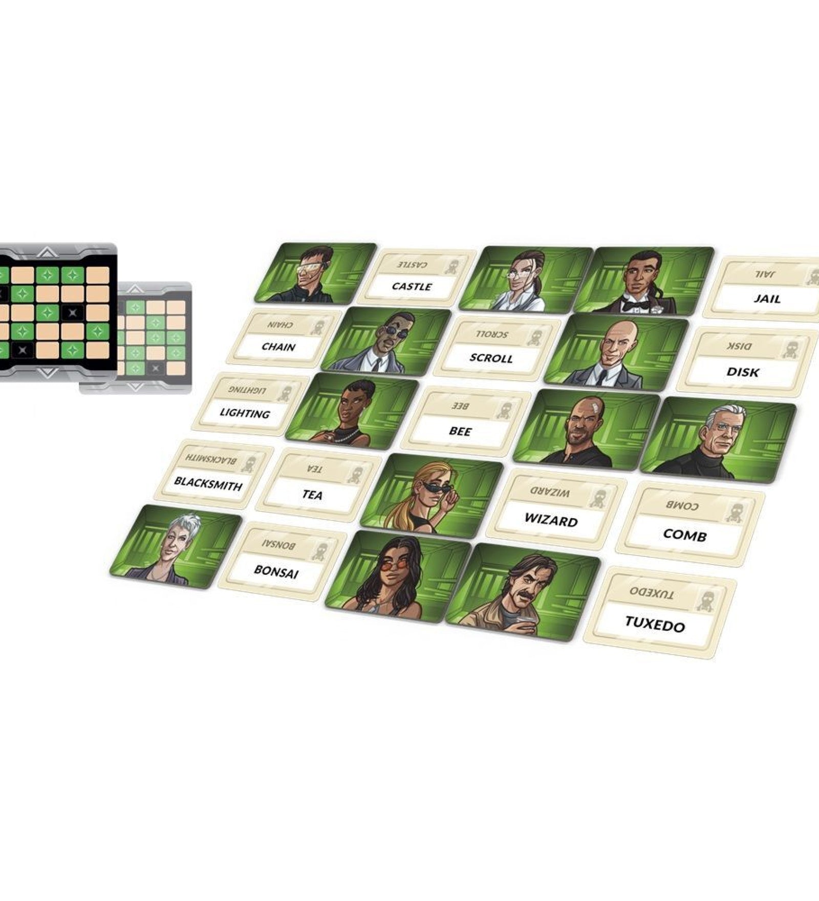 A Codenames Duet társasjáték játék közben: az asztalon 5x5-ös rácsban elhelyezett szó- és karakterkártyák láthatók, mellettük egy kódoló tábla. A játékosok feladata, hogy egymásnak szavakkal adjanak utalásokat a helyes kártyák megtalálásához.