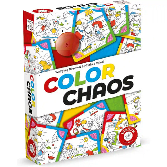 A Color Chaos társasjáték doboza, amelyen a színezhető rajzokat ábrázoló játékkártyák és a játék narancssárga dobókockája látható. A dobozkép jól tükrözi a játék vidám, családbarát hangulatát és a színek felismerésére épülő játékmenetet.